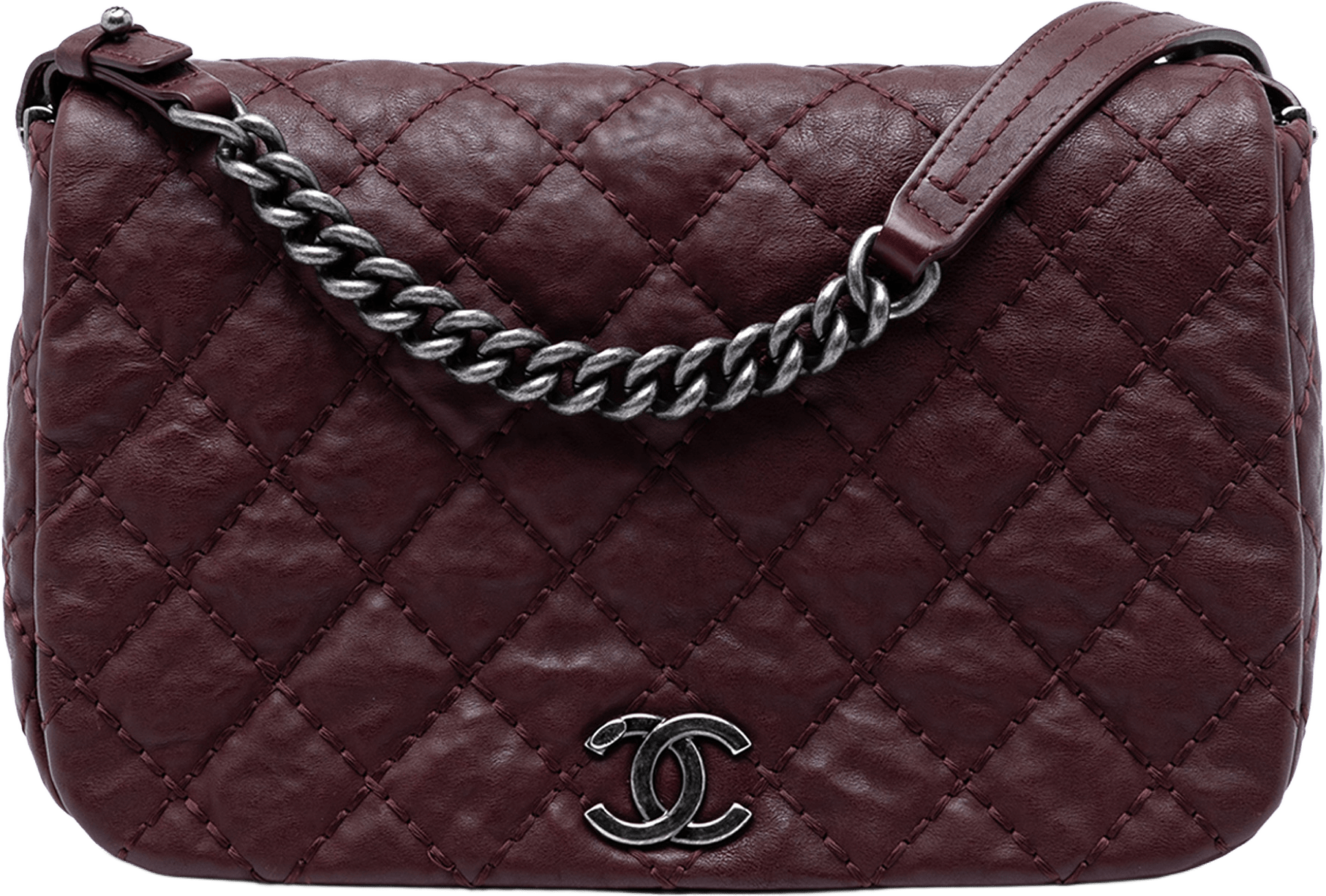 Chanel Cc Quilted Calfskin Wild Stitch Full Flap, från Luxclusif, i färgen burgundy.