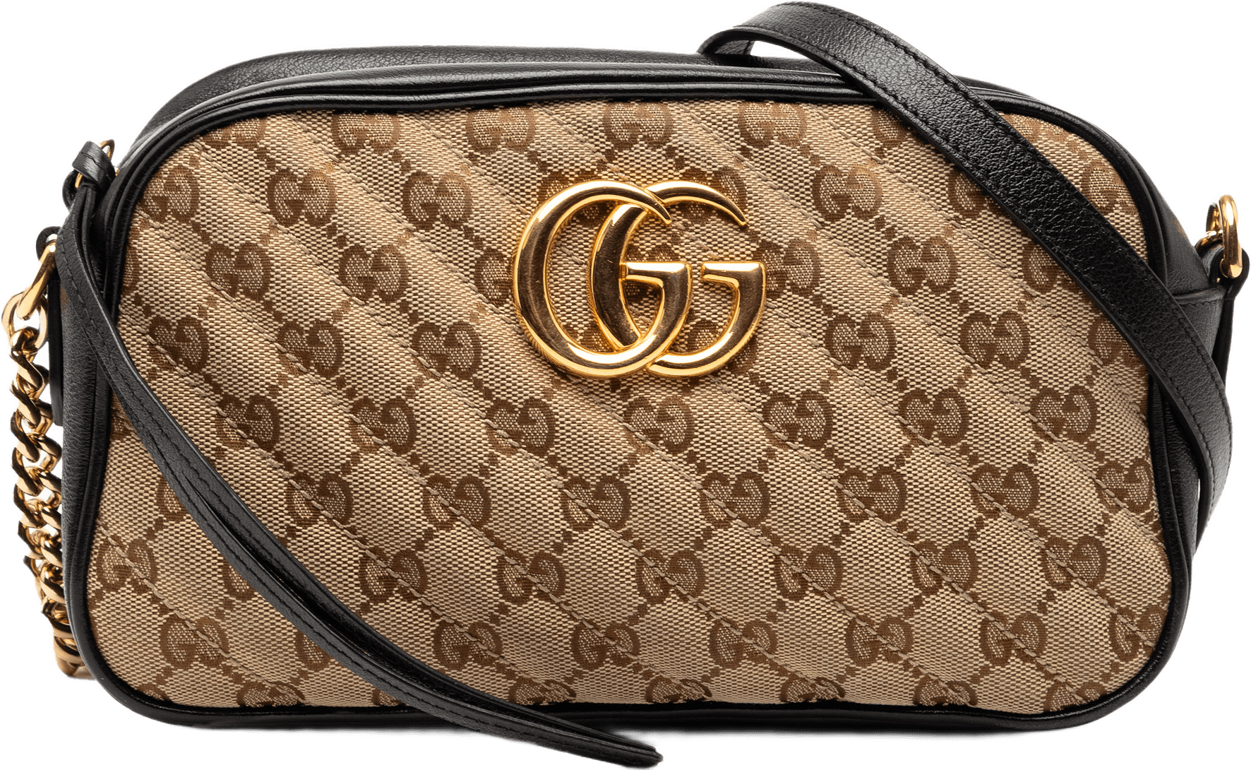 Gucci Small Gg Marmont Matelasse Gg Canvas And Leather Crossbody, från Luxclusif, i färgen beige.