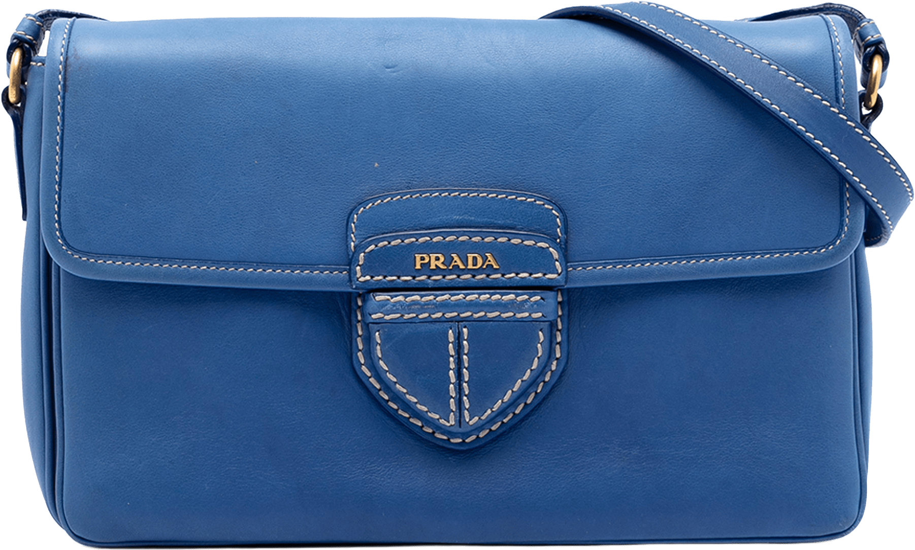 Prada City Calf Push Lock Flap Crossbody, från Luxclusif, i färgen blue.