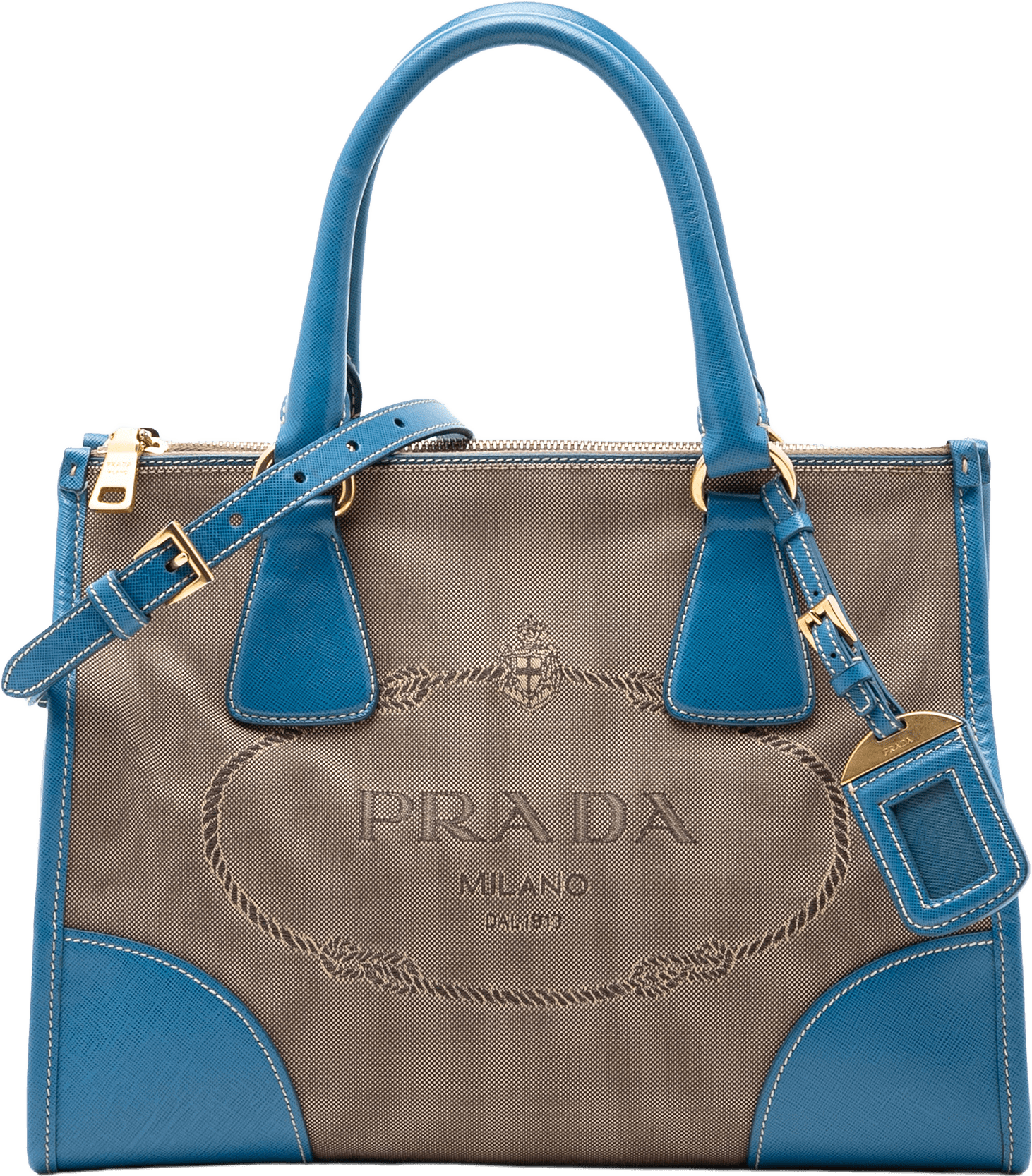 Prada Saffiano Trimmed Canvas Canapa Logo Double Zip Satchel, från Luxclusif, i färgen light brown.