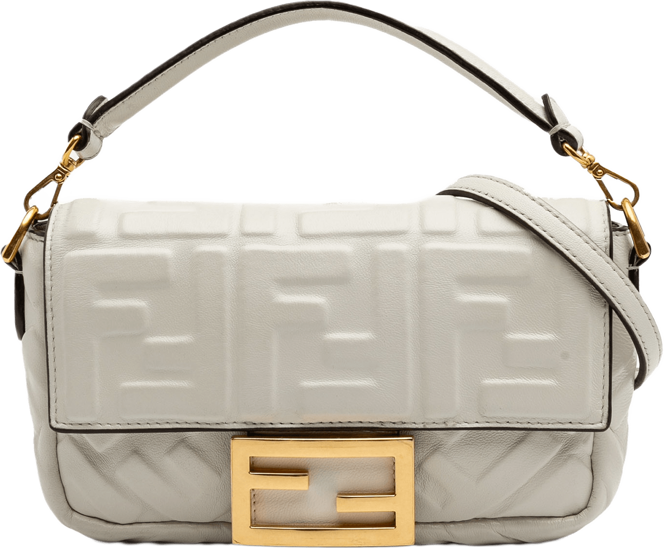 Fendi Mini Zucca Embossed Leather Baguette Satchel, från Luxclusif, i färgen white.