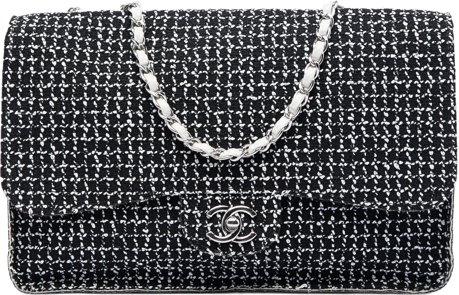 Chanel Jumbo Classic Tweed And Calfskin Single Flap, från Luxclusif, i färgen svart.