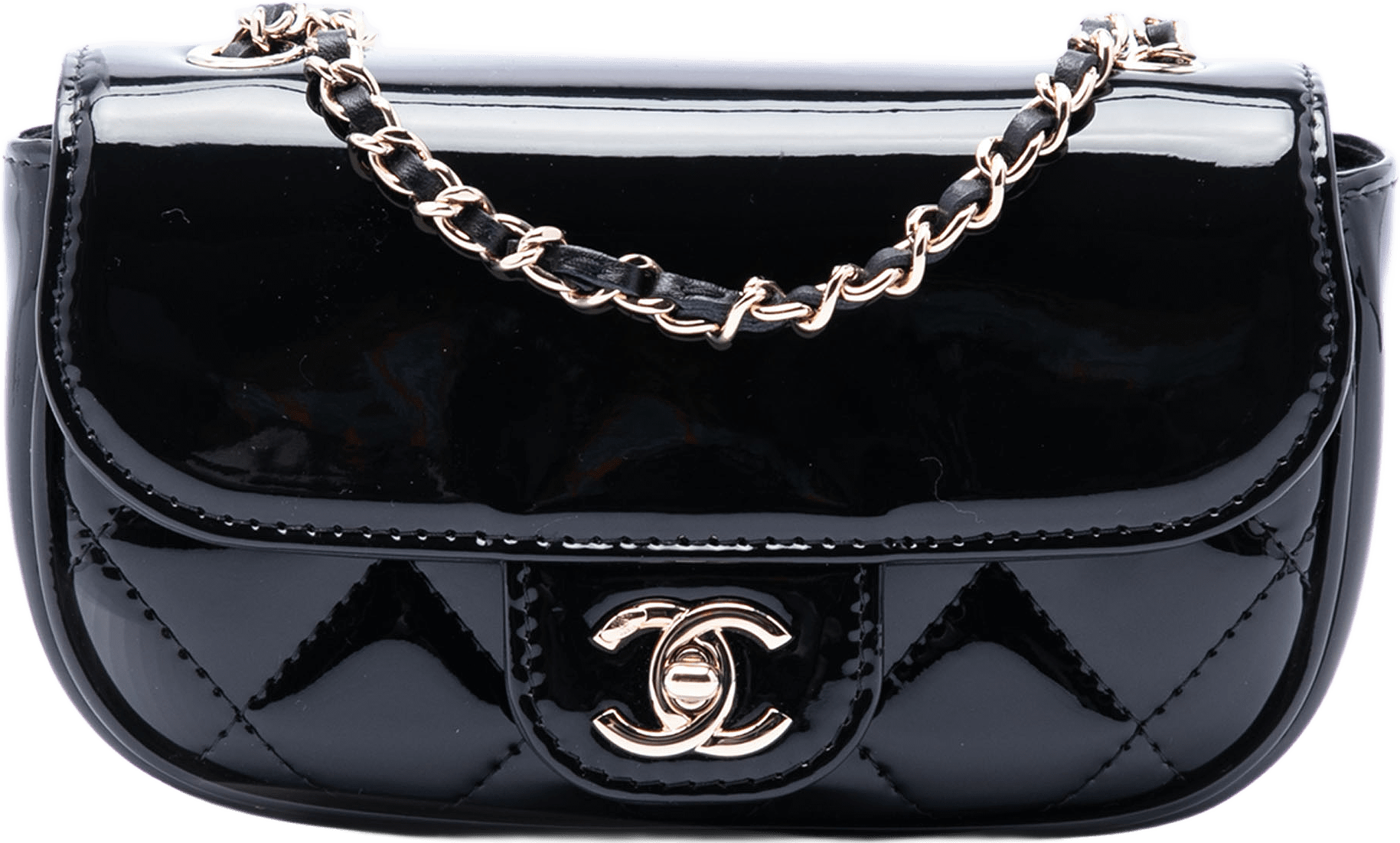 Chanel Mini Cc Quilted Patent Single Flap, från Luxclusif, i färgen black.