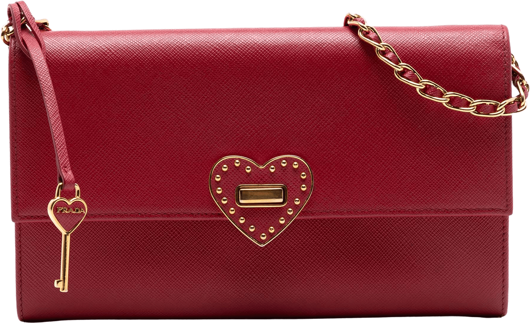 Prada Saffiano Heart Wallet On Chain, från Luxclusif, i färgen red.