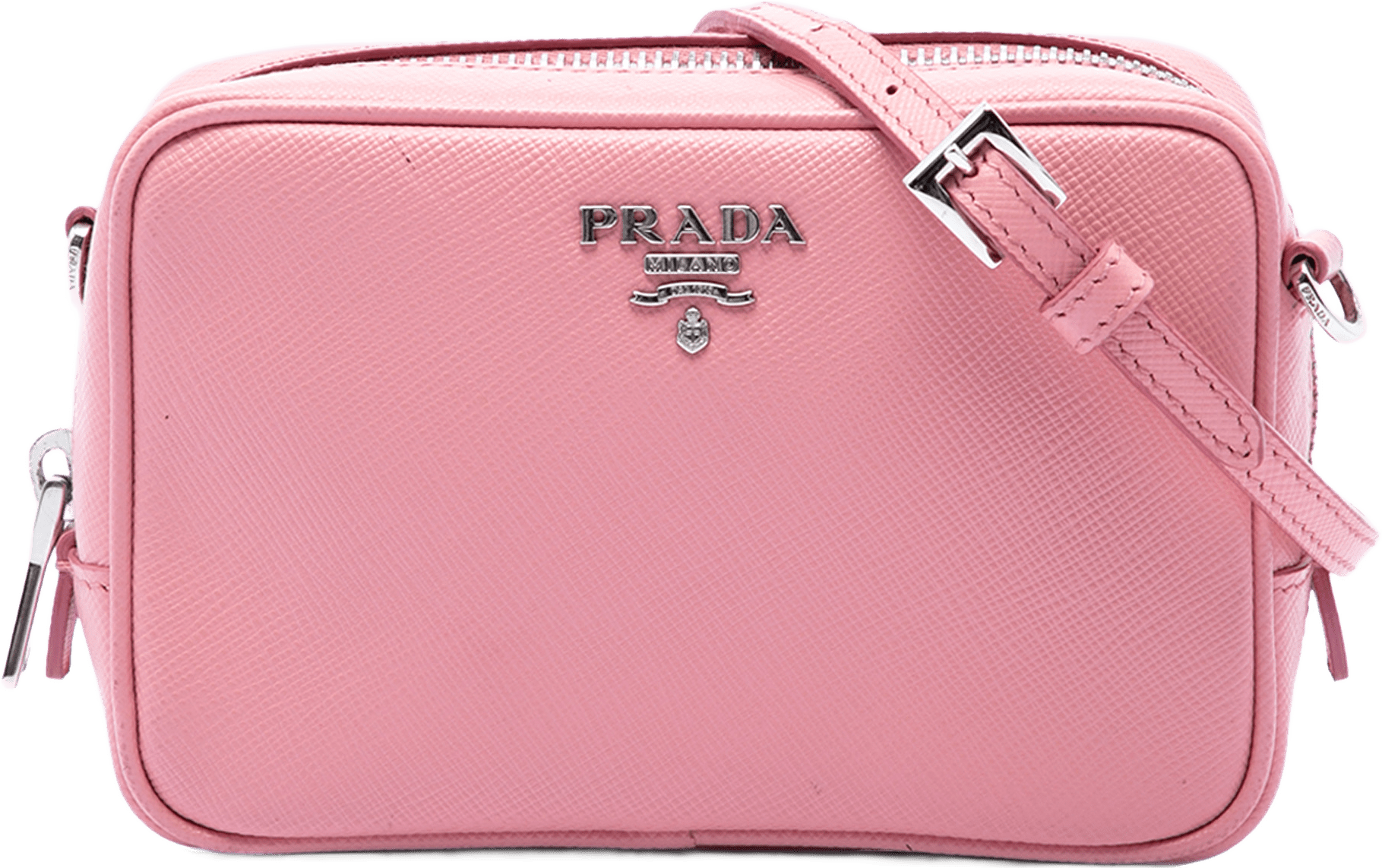 Prada Mini Saffiano Lux Camera Bag, från Luxclusif, i färgen rosa.