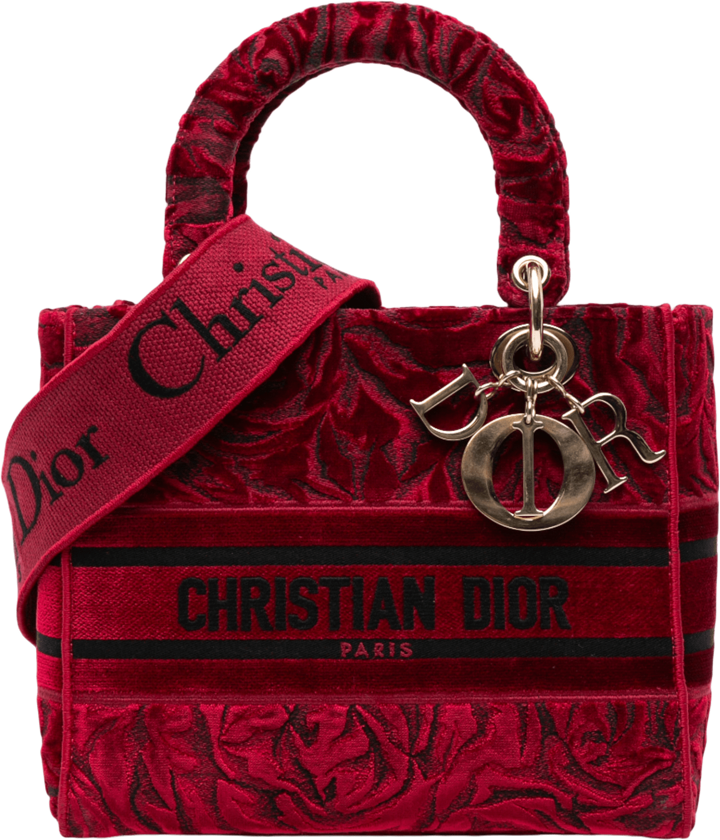 Dior Medium Embroidered Velvet Roses Lady D Lite, från Luxclusif, i färgen red.