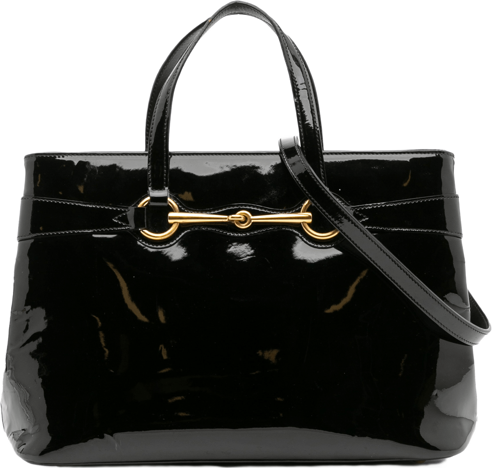 Gucci Patent Bright Bit Satchel, från Luxclusif, i färgen black.