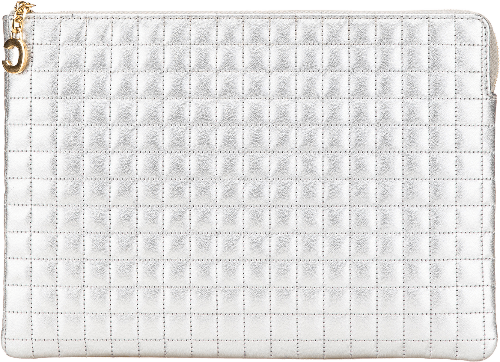 Celine Quilted Metallic Calfskin C Charm Pouch, från Luxclusif, i färgen silver.