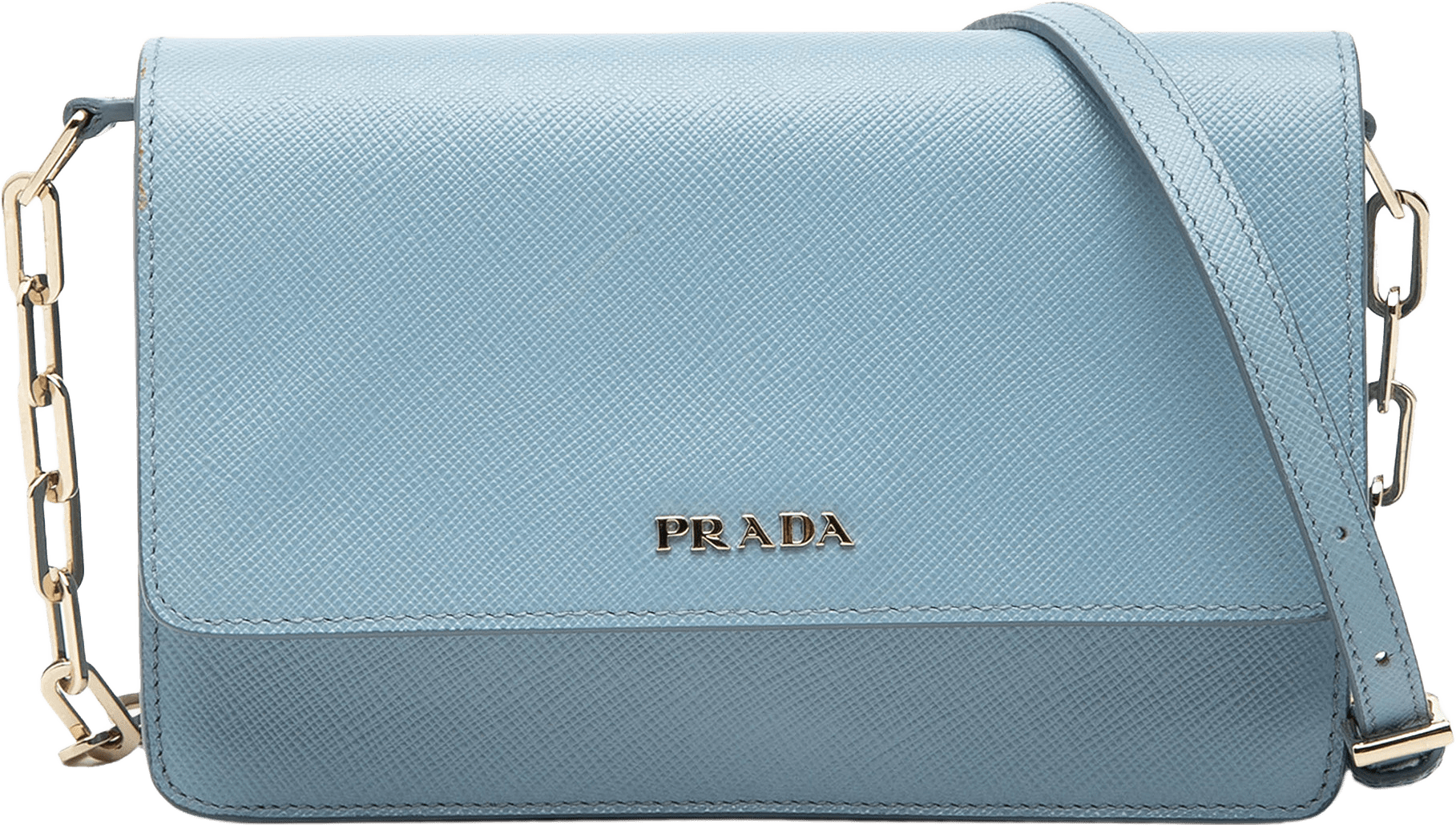 Prada Saffiano Lux Wallet On Chain, från Luxclusif, i färgen light blue.