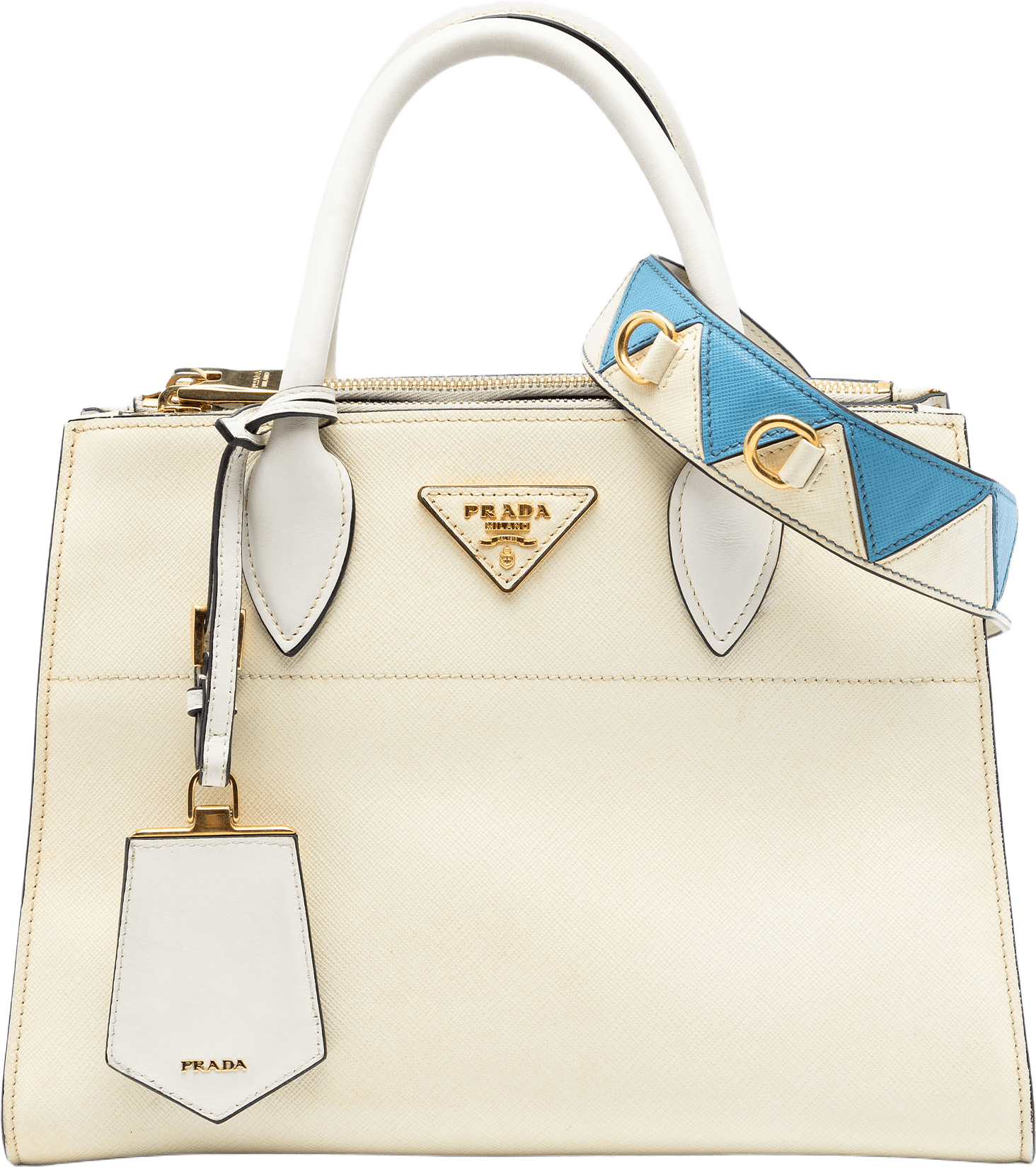 Prada City Calf Trimmed Saffiano Greche Paradigme Bag, från Luxclusif, i färgen ivory.