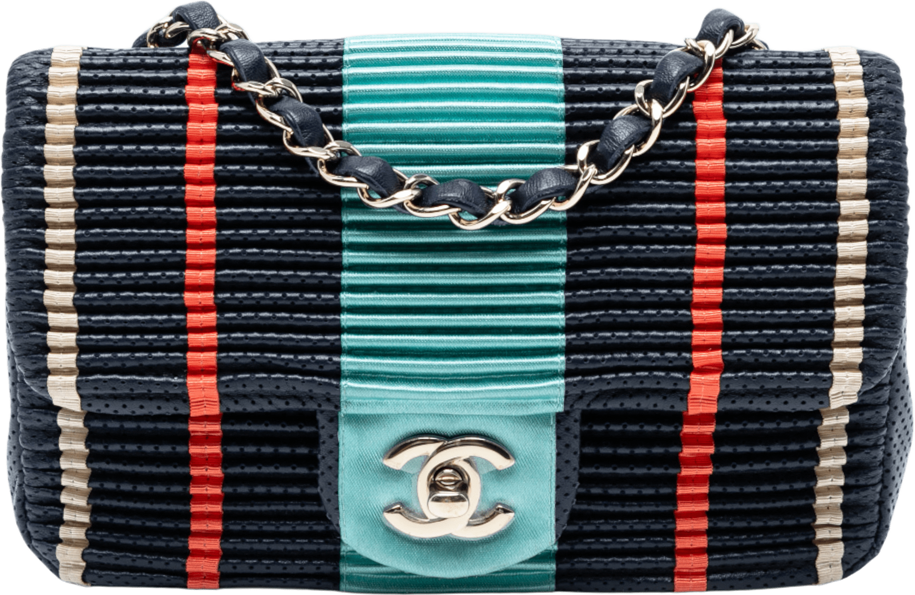 Chanel New Mini Coco Pleats Perforated Calfskin Single Flap, från Luxclusif, i färgen navy.