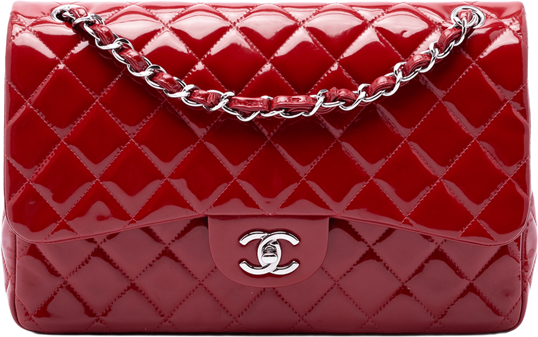 Chanel Jumbo Classic Patent Double Flap, från Luxclusif, i färgen röd.