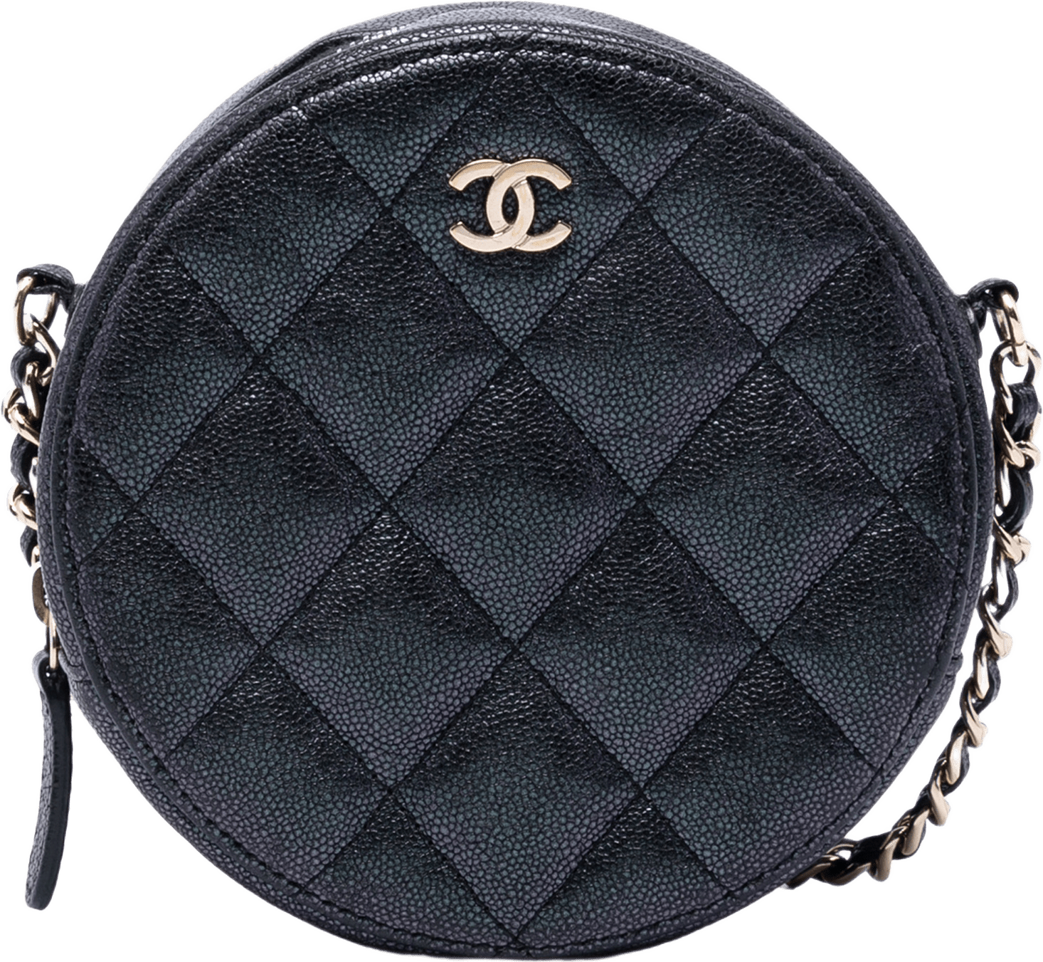 Chanel Cc Quilted Iridescent Caviar Round Clutch With Chain, från Luxclusif, i färgen black.