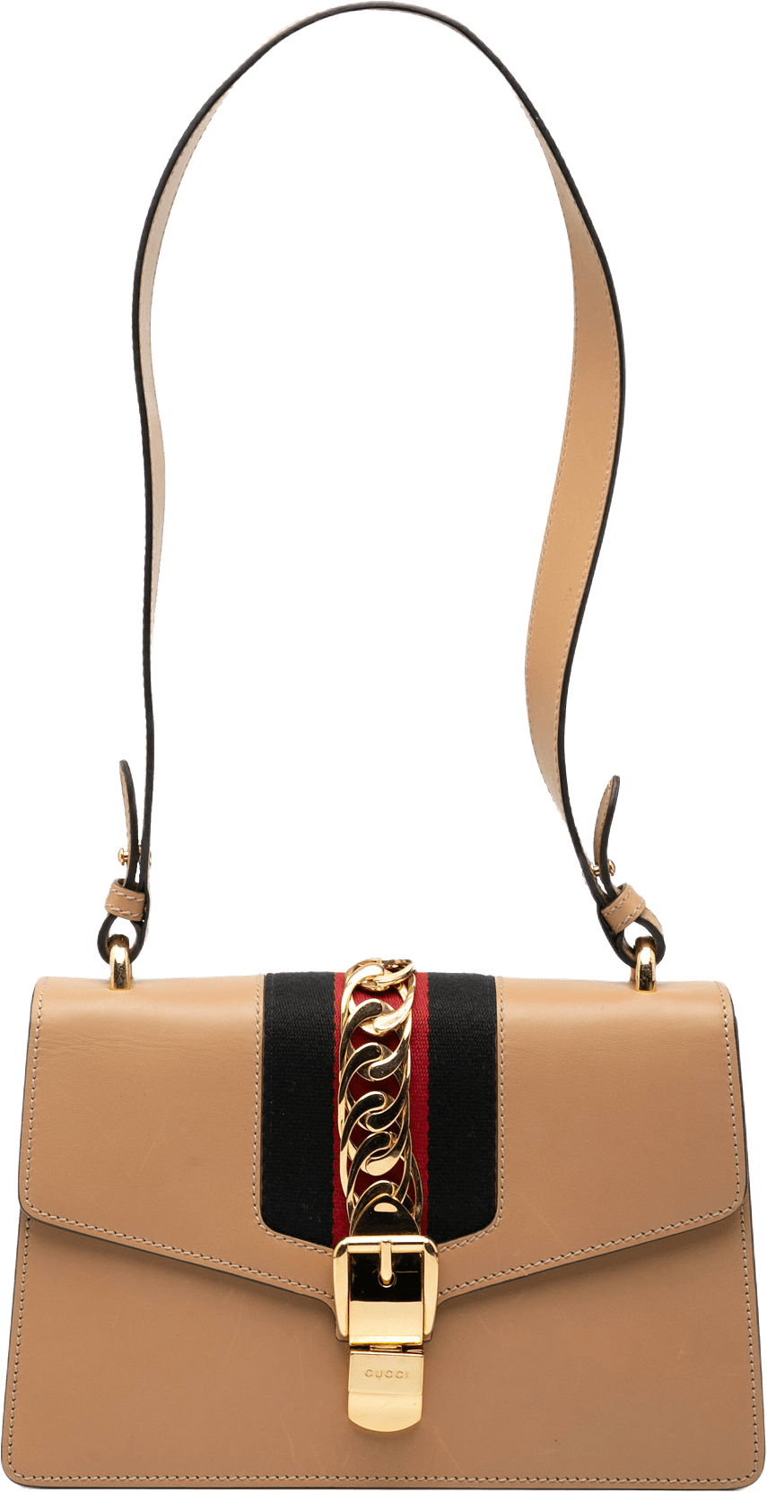 Gucci Small Calfskin Sylvie Satchel, från Luxclusif, i färgen light brown.