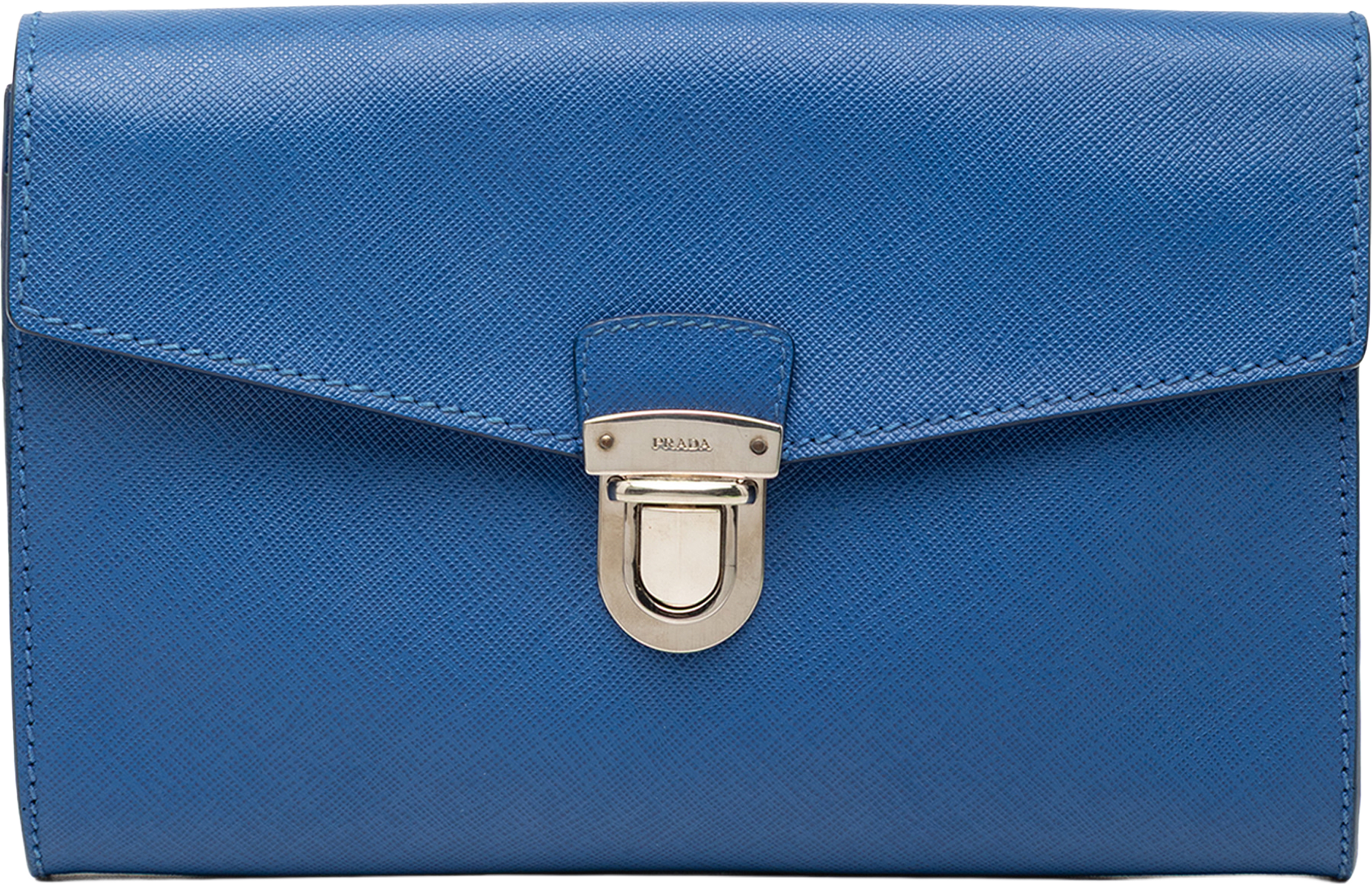 Prada Saffiano Envelope Pushlock Clutch, från Luxclusif, i färgen blue.