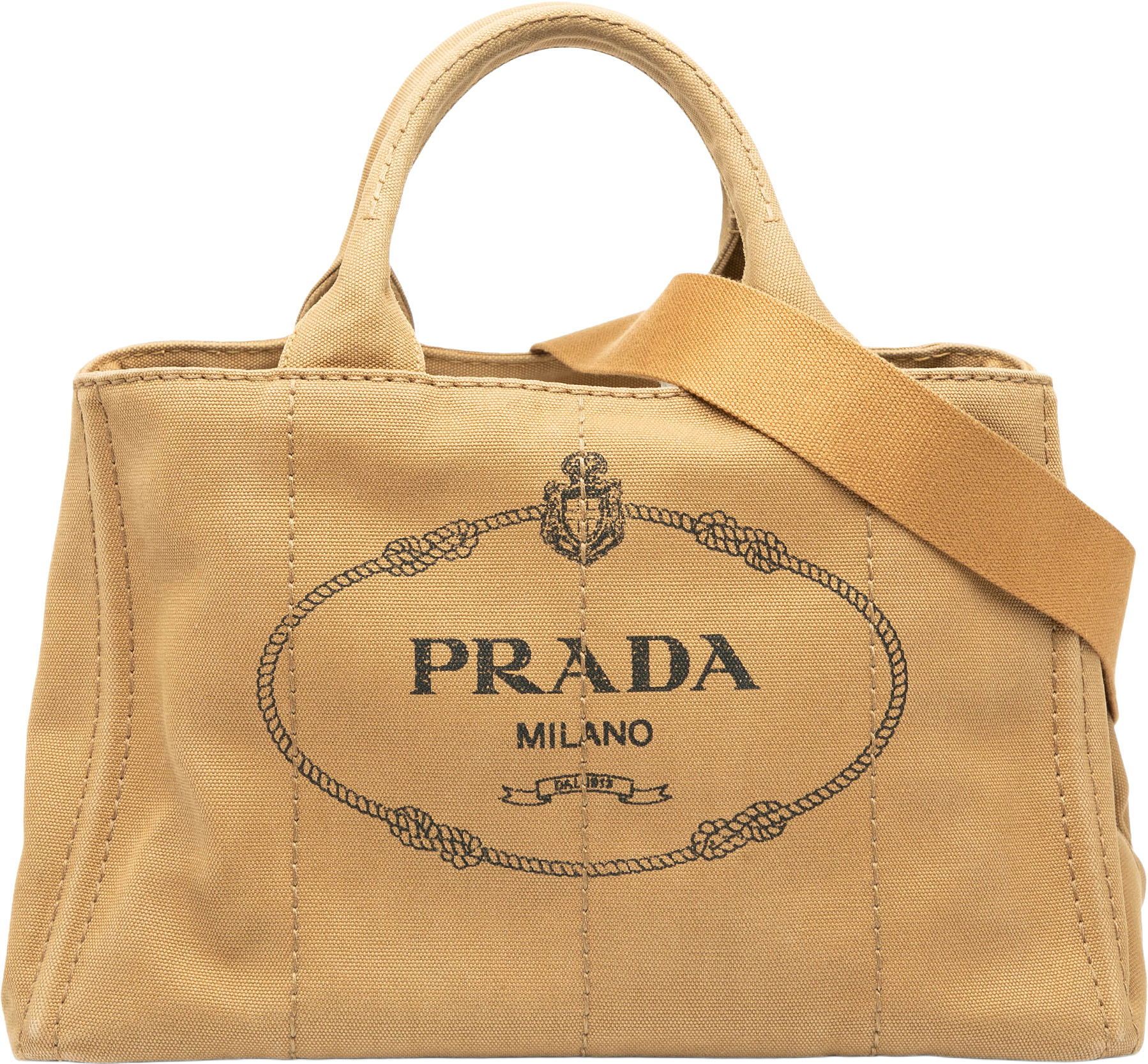 Prada Canvas Canapa Logo Satchel, från Luxclusif, i färgen light brown.