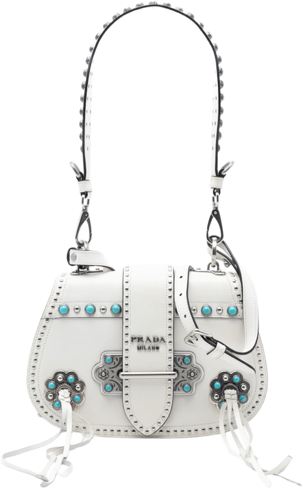 Prada City Calf Studded Folk Corsiere Satchel, från Luxclusif, i färgen white.
