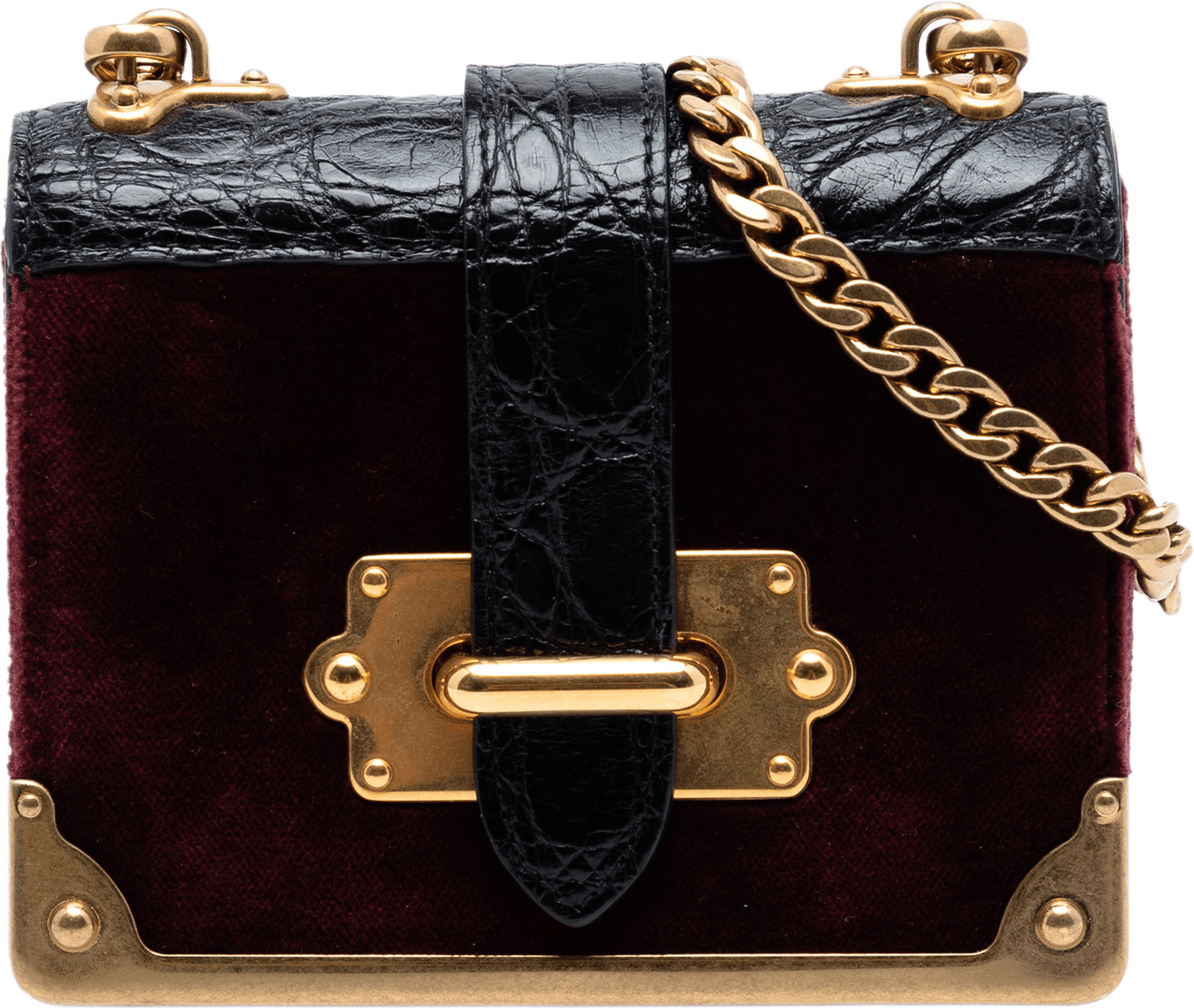 Prada Micro Croc Embossed Leather Trimmed Velluto Cahier Crossbody, från Luxclusif, i färgen röd.