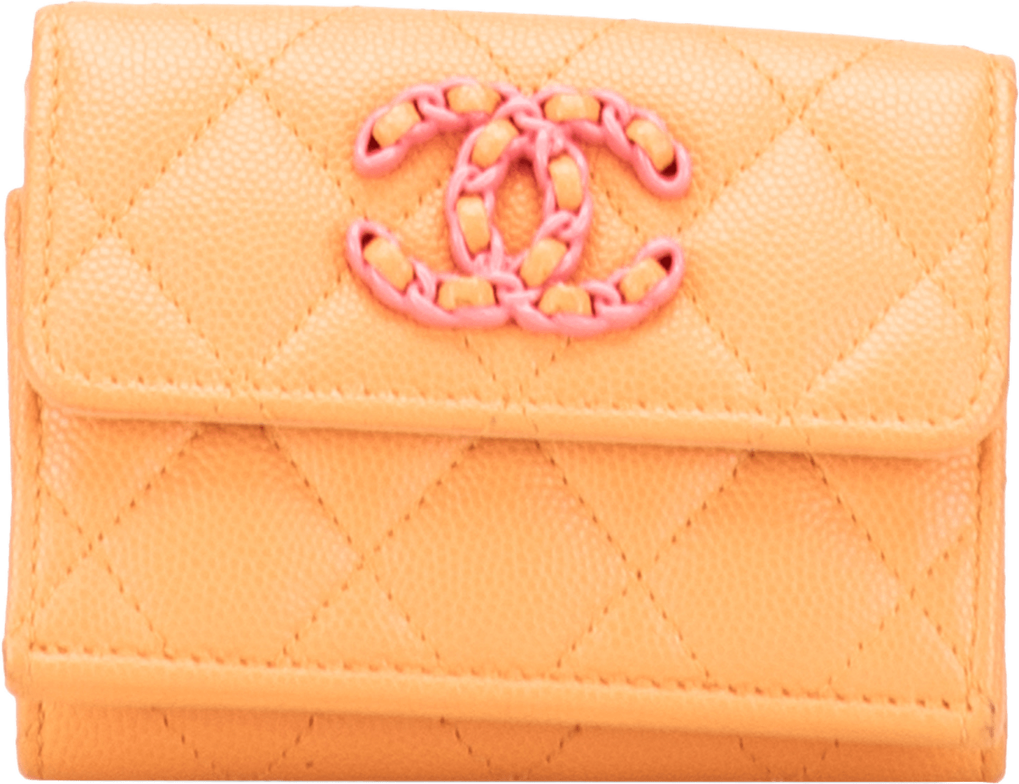 Chanel Quilted Caviar 19 Compact Flap Wallet, från Luxclusif, i färgen orange.