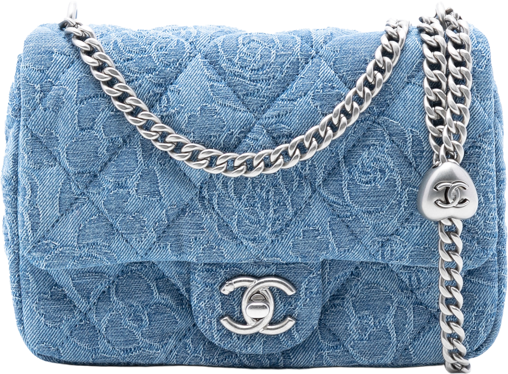 Chanel Mini Quilted Denim Camellia Sweetheart Flap, från Luxclusif, i färgen denim.