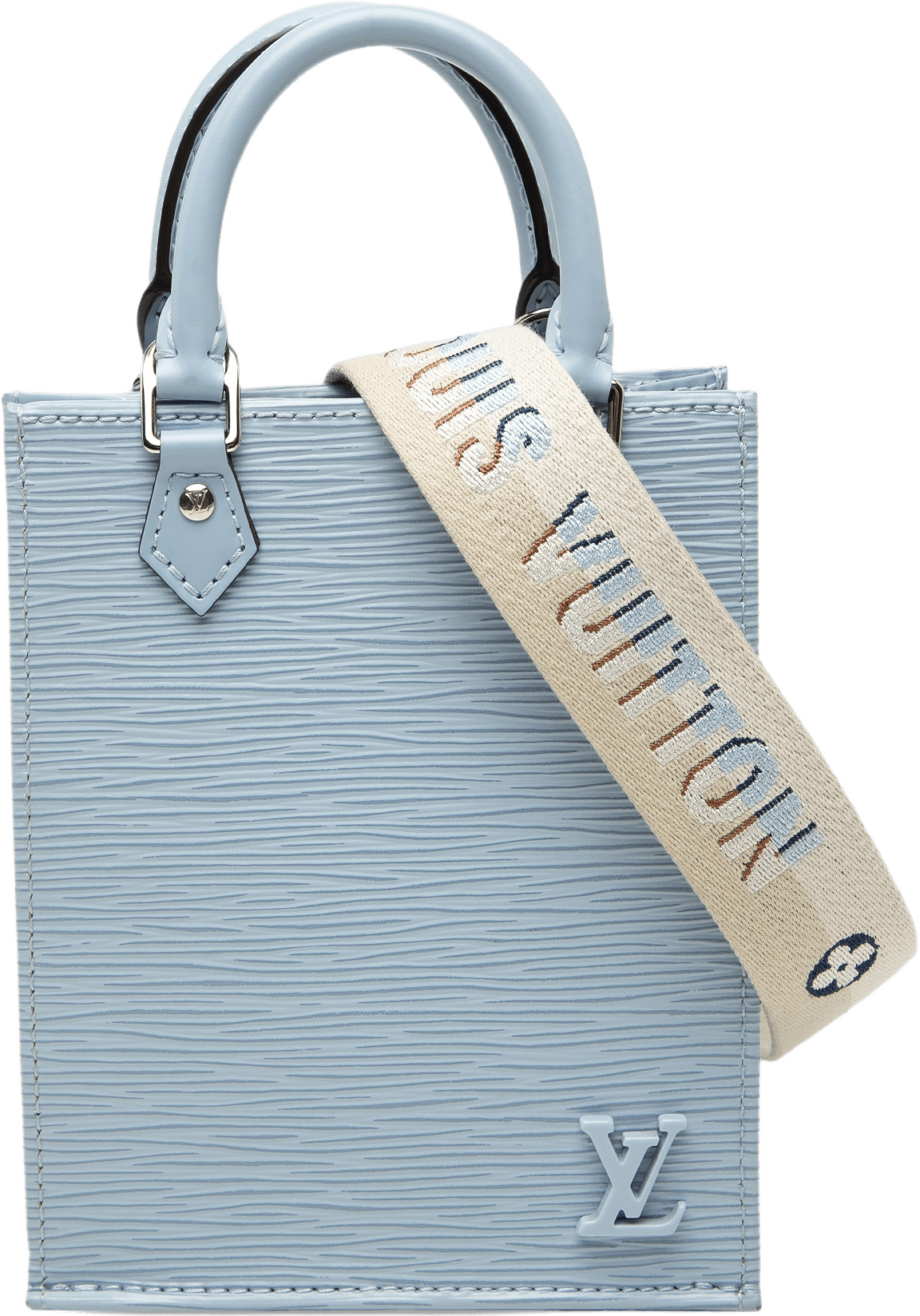 Louis Vuitton Epi Petit Sac Plat, från Luxclusif, i färgen light blue.