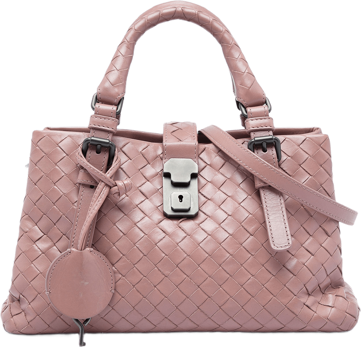 Bottega Veneta Mini Nappa Intrecciato Roma Satchel, från Luxclusif, i färgen rosa.