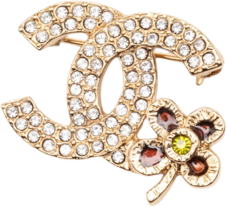 Chanel Cc Gold Plated Strass Clover Leaf Pin Brooch, från Luxclusif, i färgen guld.