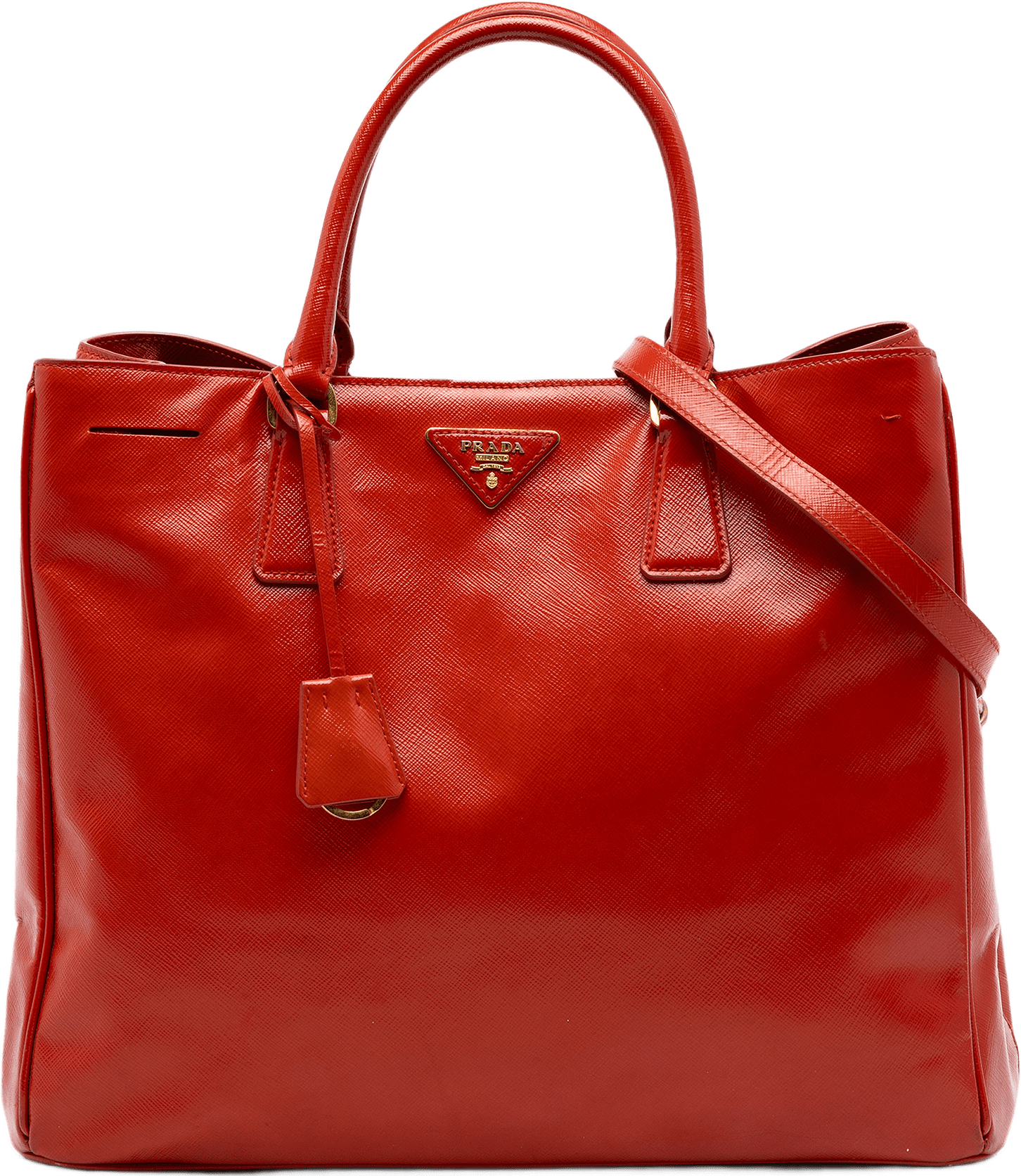 Prada Large Saffiano Vernice Galleria Satchel, från Luxclusif, i färgen dark orange.