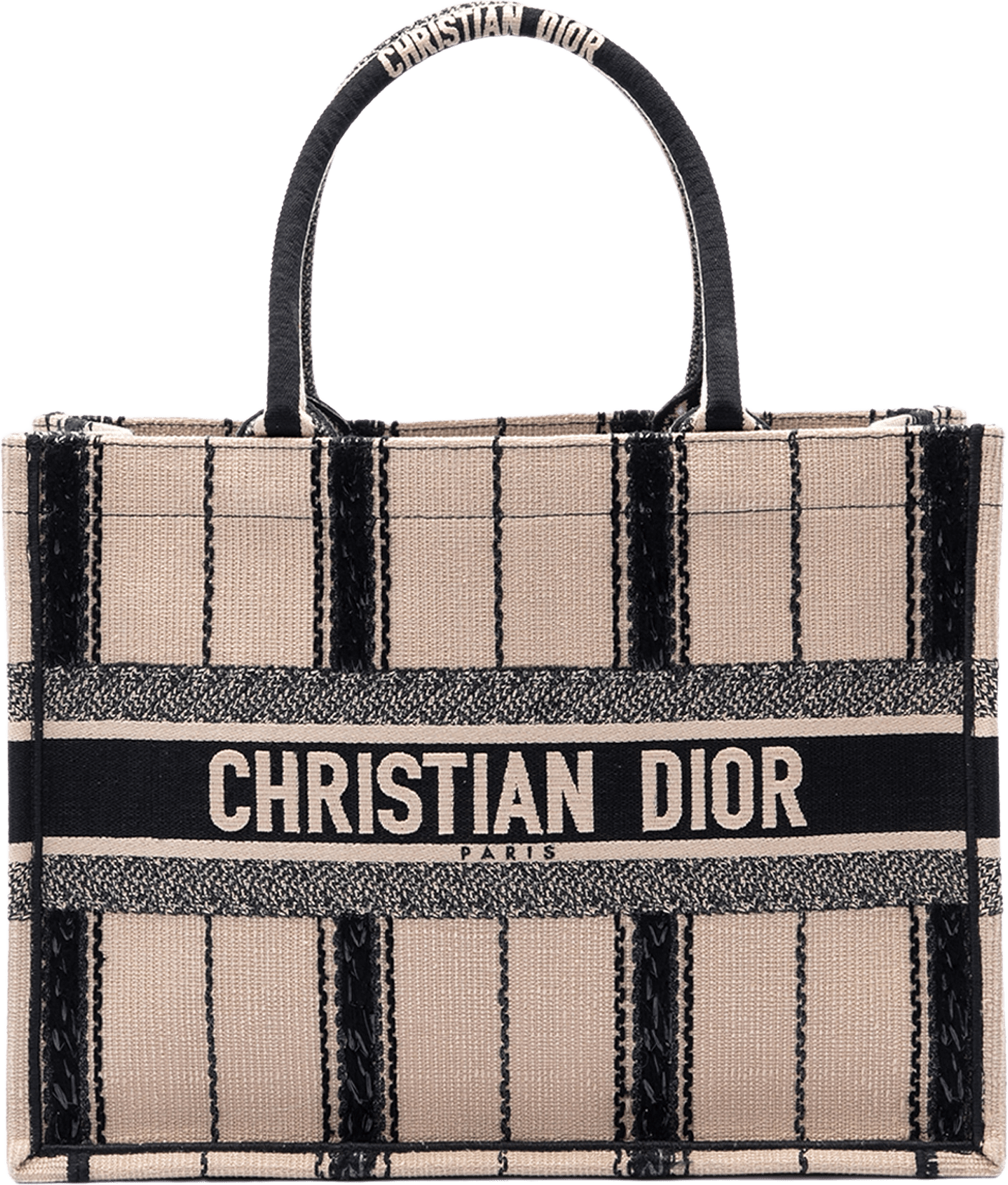 Dior Medium Embroidered Canvas Bayadere Book Tote, från Luxclusif, i färgen beige.