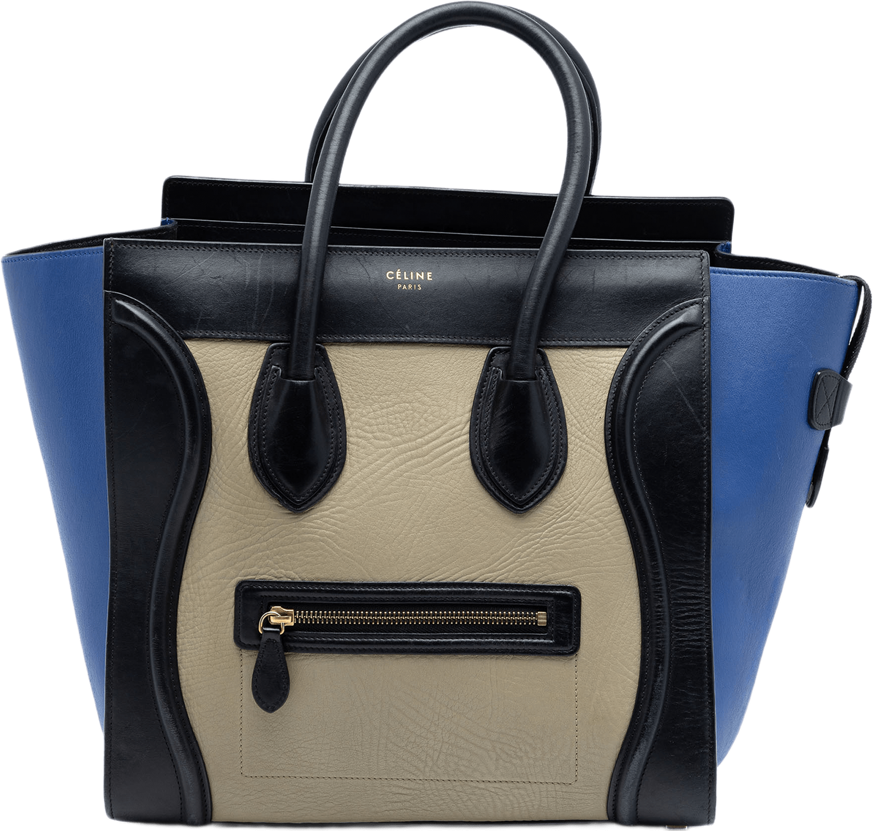 Celine Mini Tricolor Leather Luggage Tote, från Luxclusif, i färgen beige.