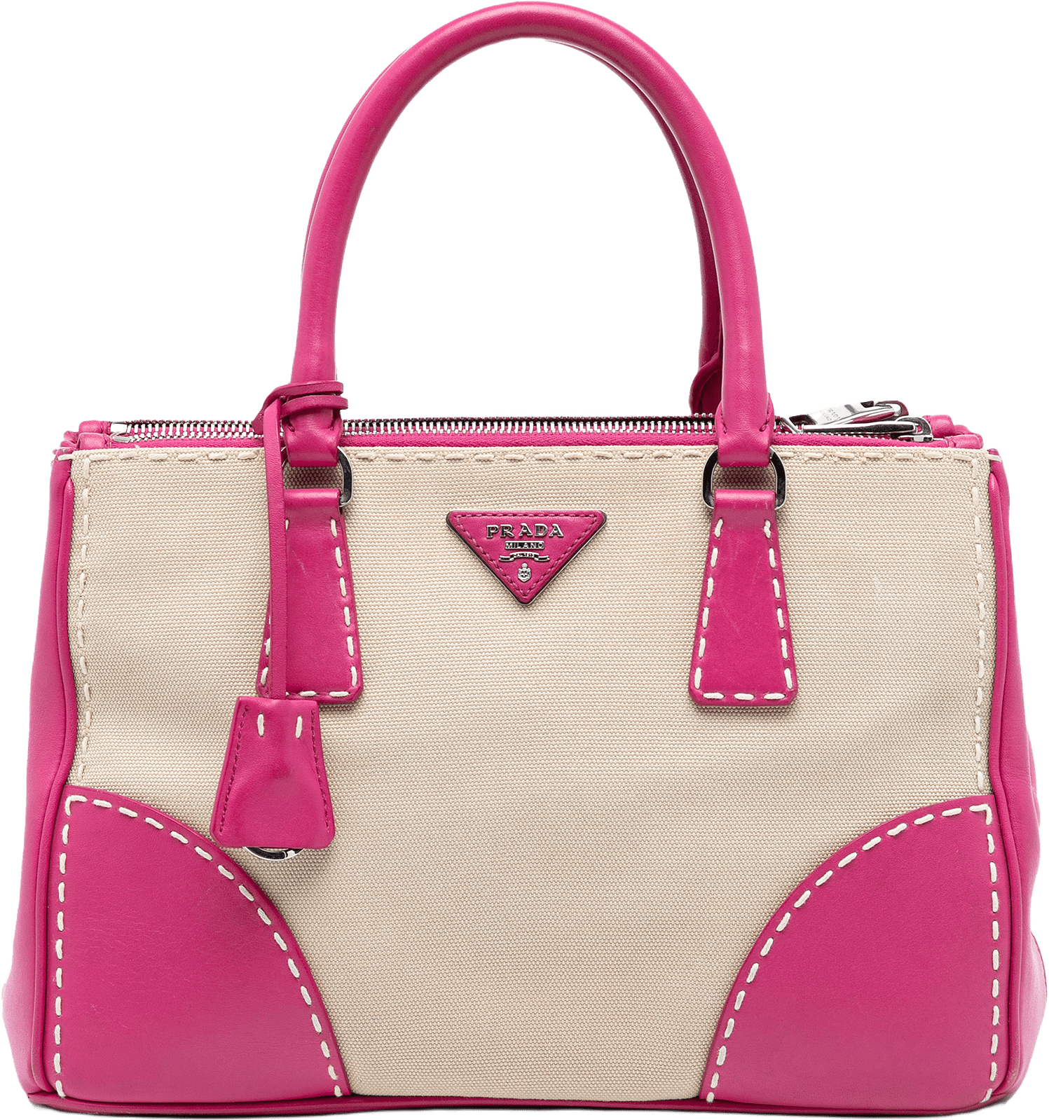 Prada Small Canvas And City Calf Hand Stitched Galleria Double Zip Satchel, från Luxclusif, i färgen beige.