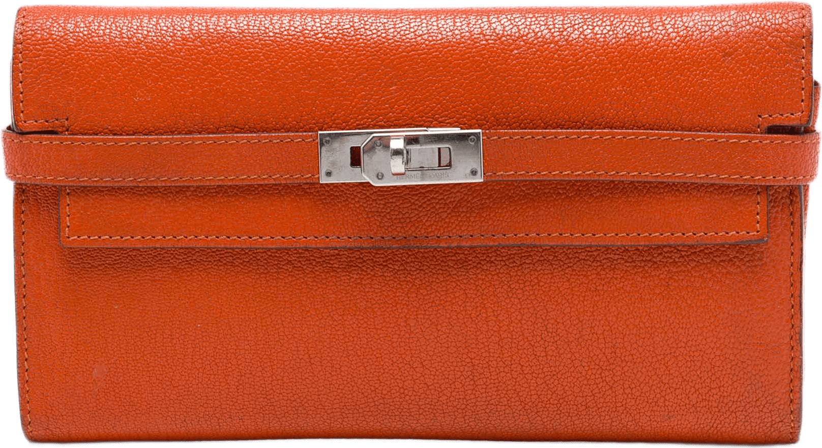 Hermès Chevre Mysore Kelly Longue Wallet, från Luxclusif, i färgen orange.