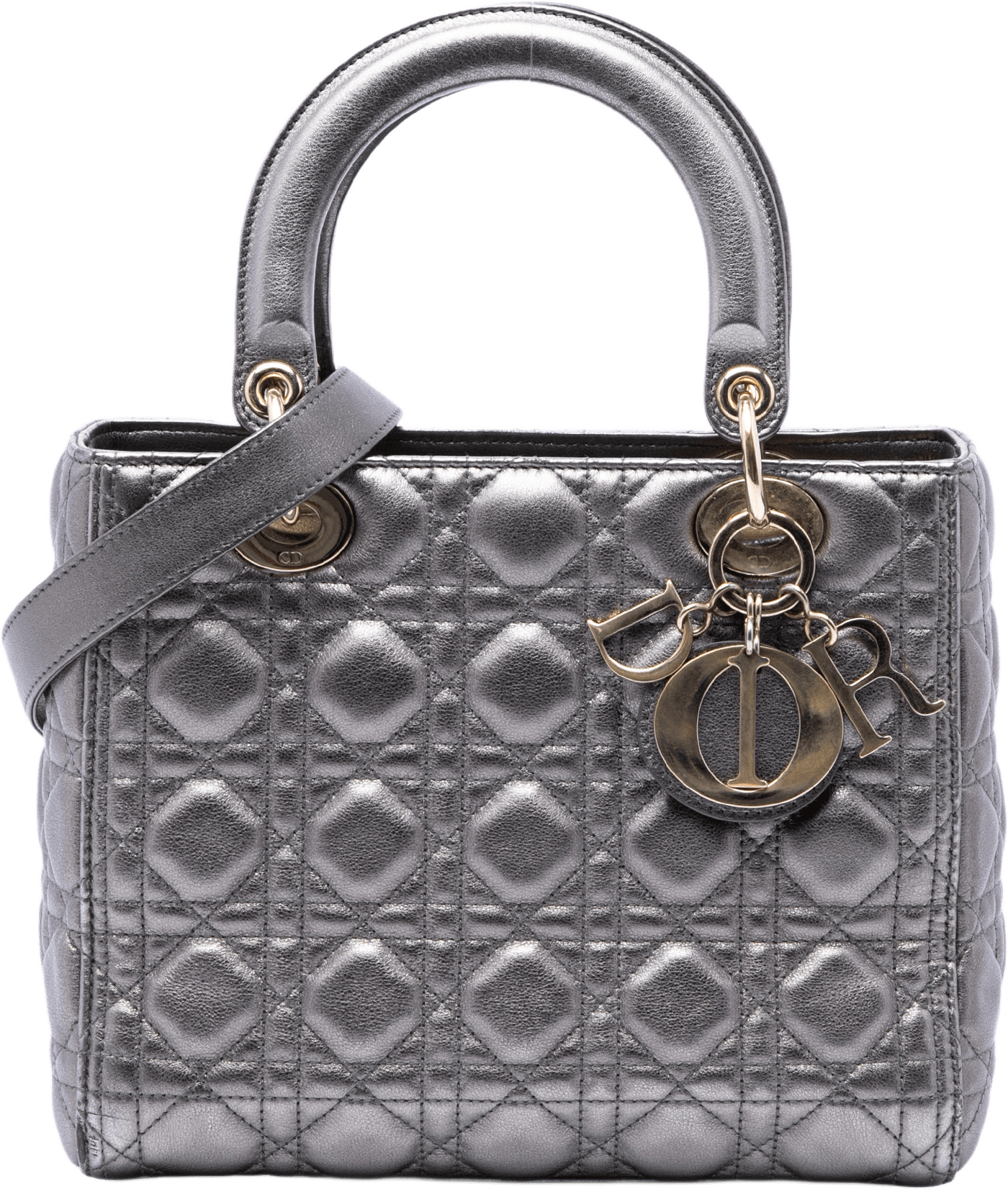 Dior Medium Metallic Lambskin Cannage Lady Dior, från Luxclusif, i färgen silver.
