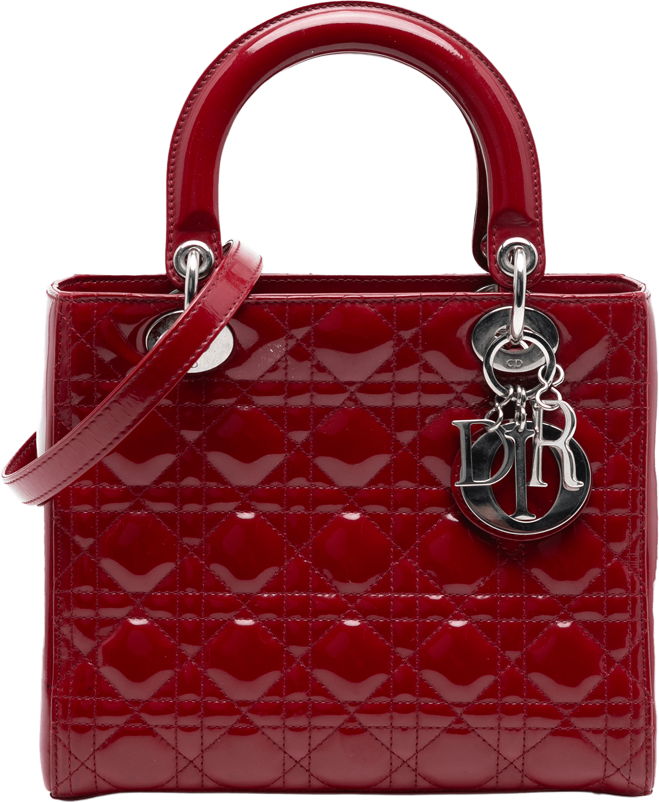 Dior Medium Patent Cannage Lady Dior, från Luxclusif, i färgen dark red.