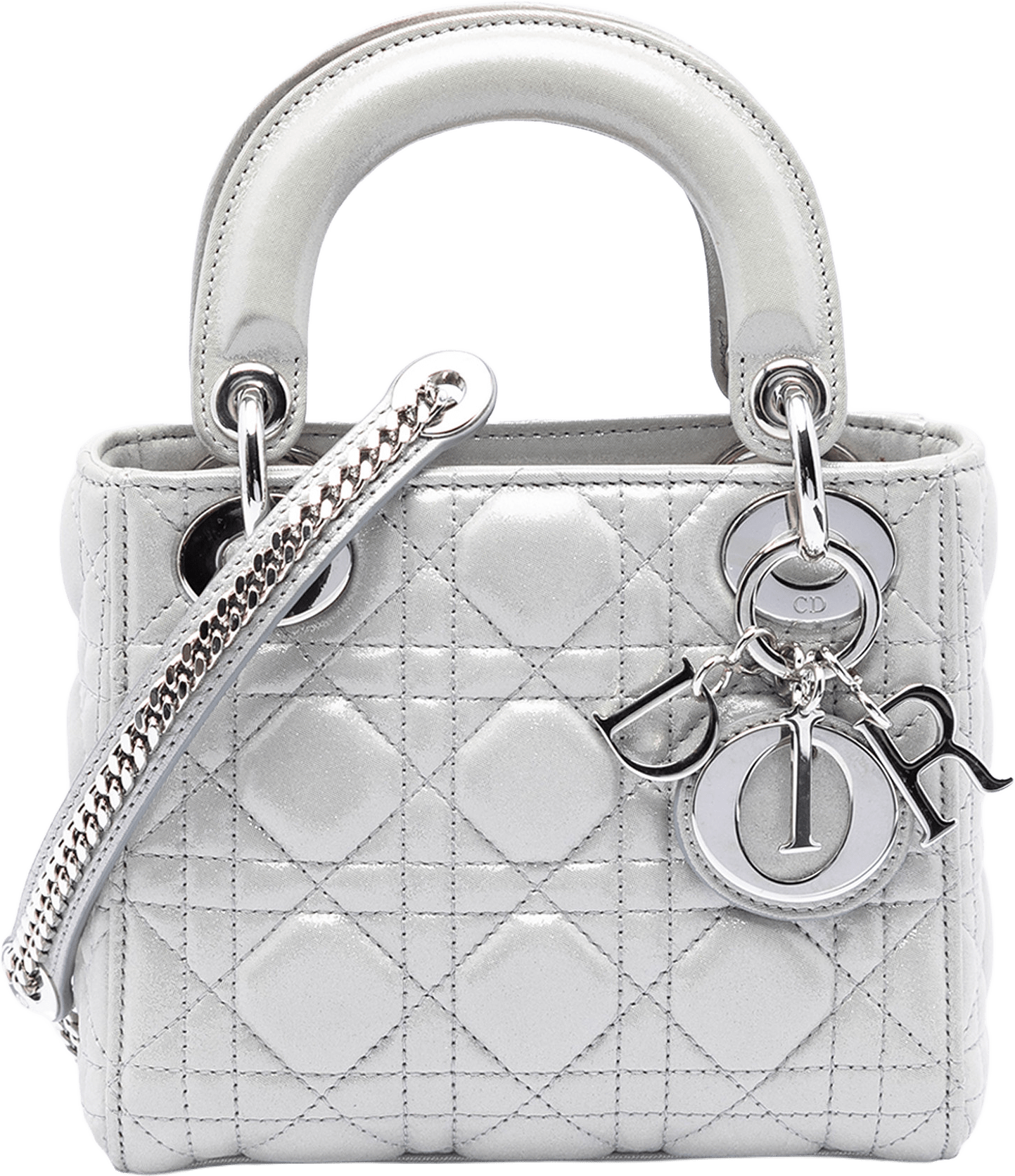 Dior Mini Iridescent Lambskin Cannage Lady Dior, från Luxclusif, i färgen silver.