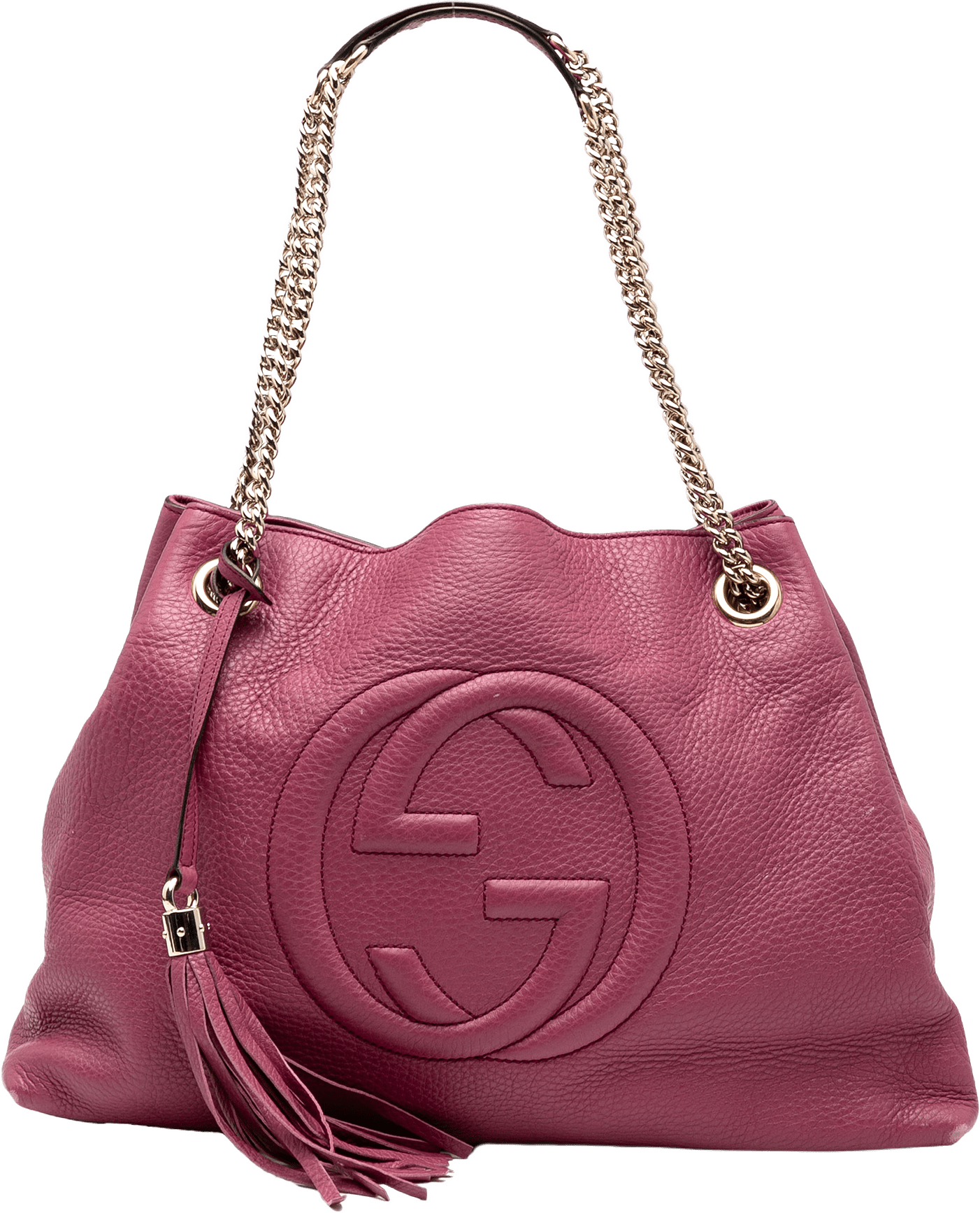 Gucci Medium Leather Soho Chain Tote, från Luxclusif, i färgen dark pink.