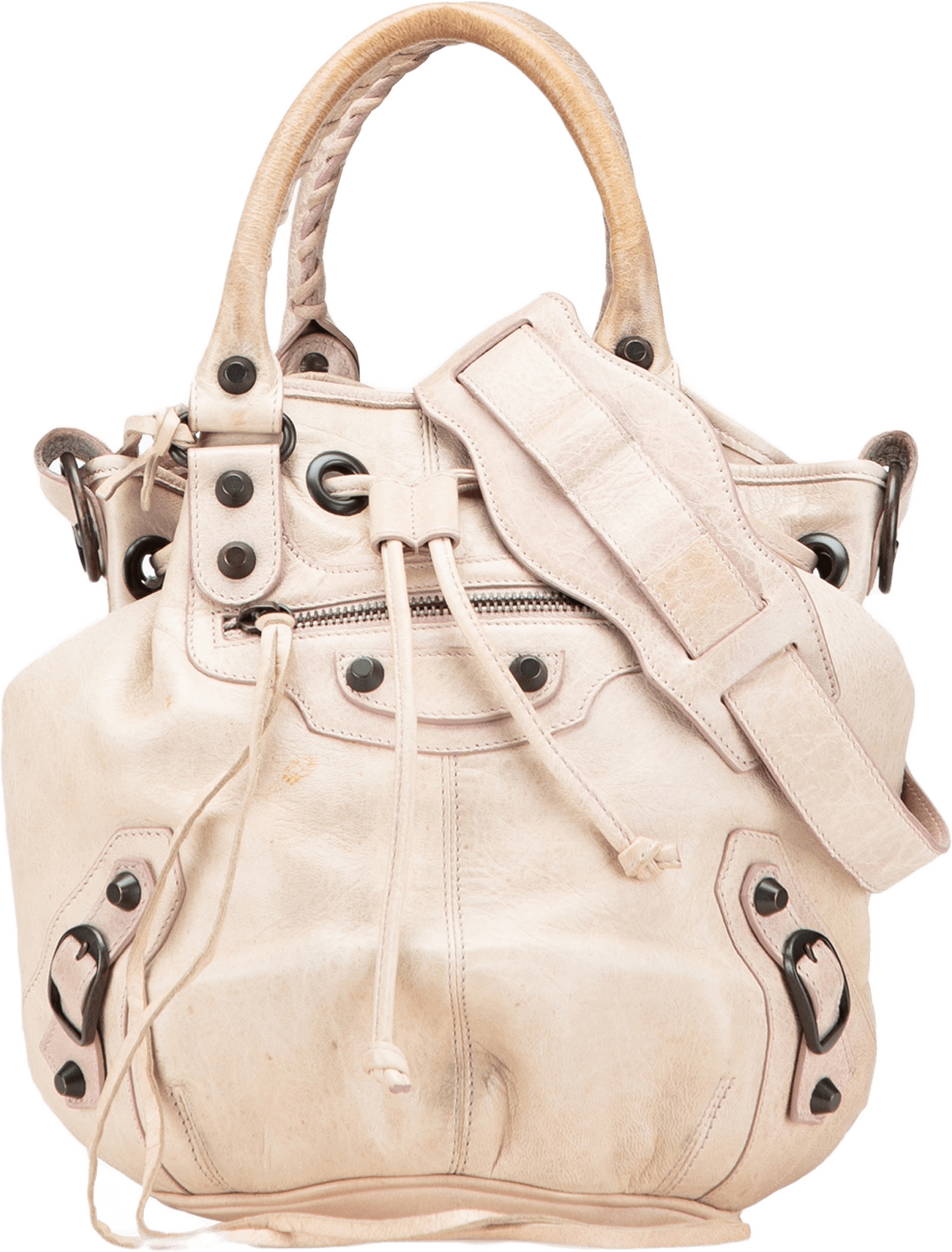 Balenciaga Mini Lambskin Motocross Pompon Bag, från Luxclusif, i färgen light beige.