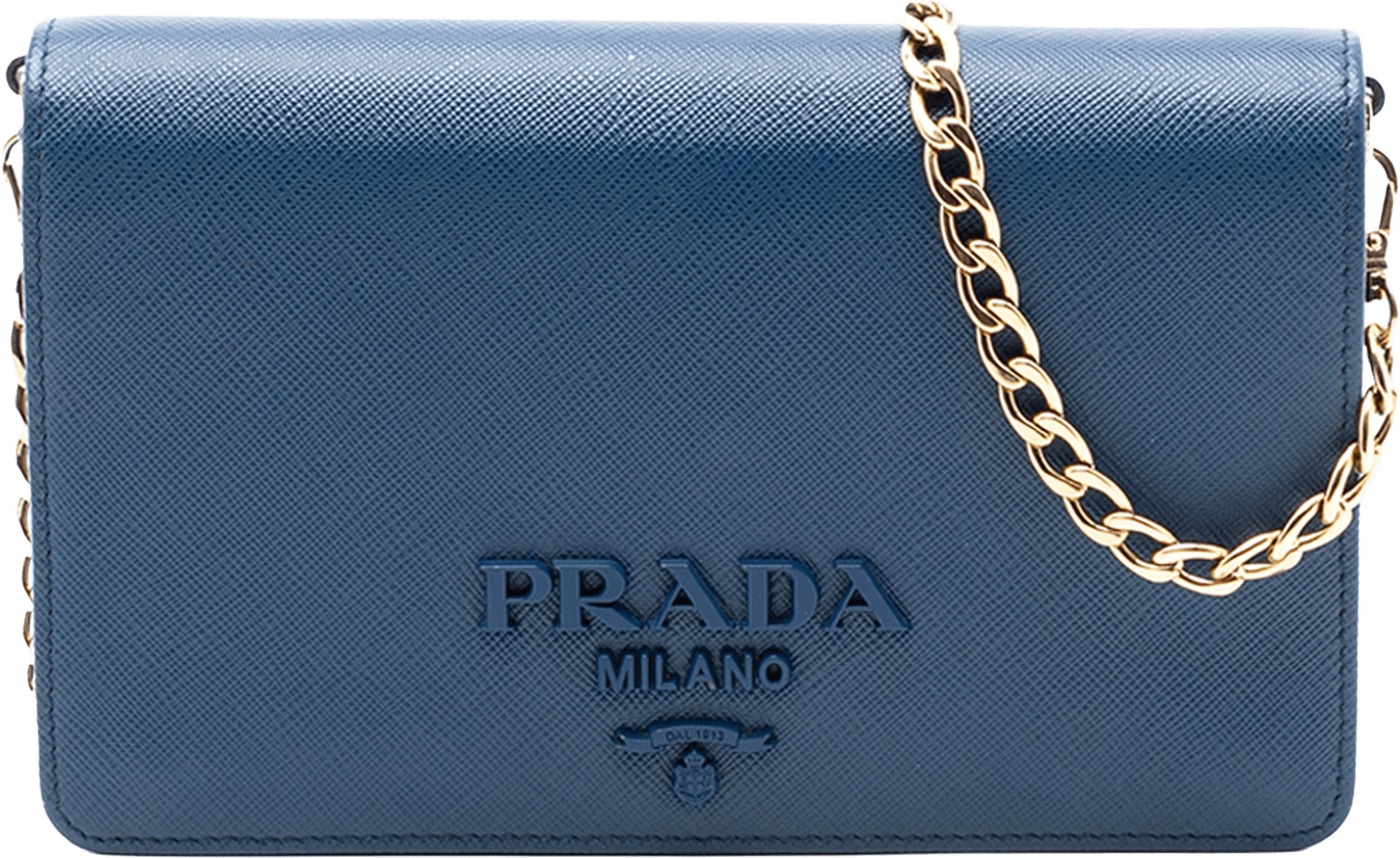Prada Saffiano Lux Monochrome Wallet On Chain, från Luxclusif, i färgen dark blue.