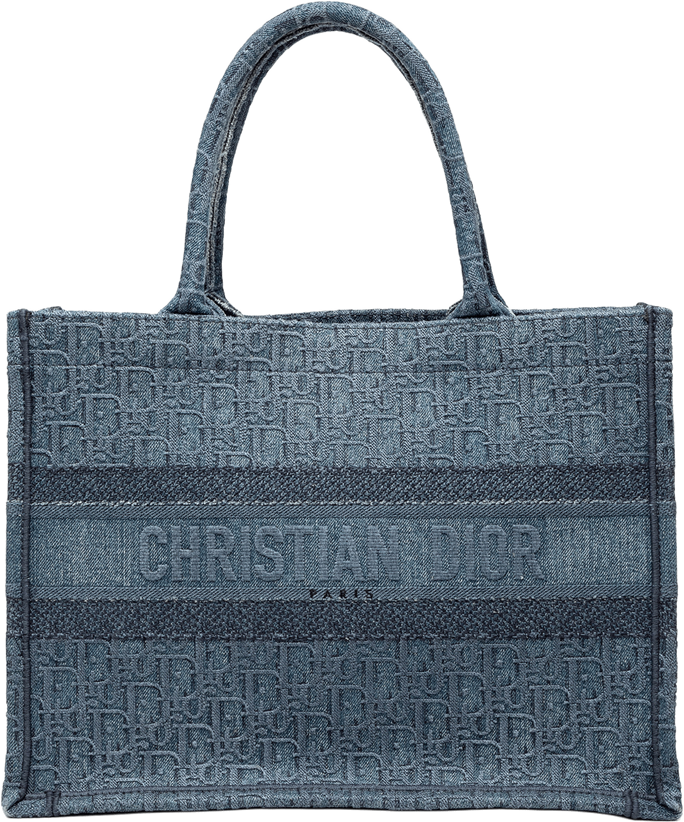 Dior Medium Oblique Denim Book Tote, från Luxclusif, i färgen blue.
