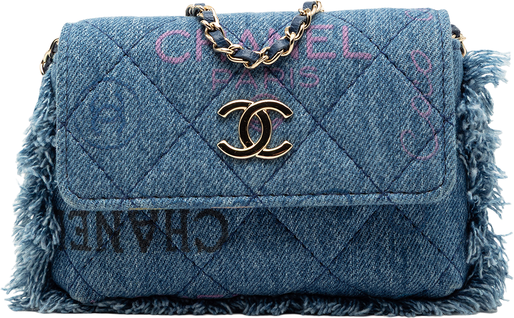 Chanel Fringe Denim Mood Clutch With Chain, från Luxclusif, i färgen denim.