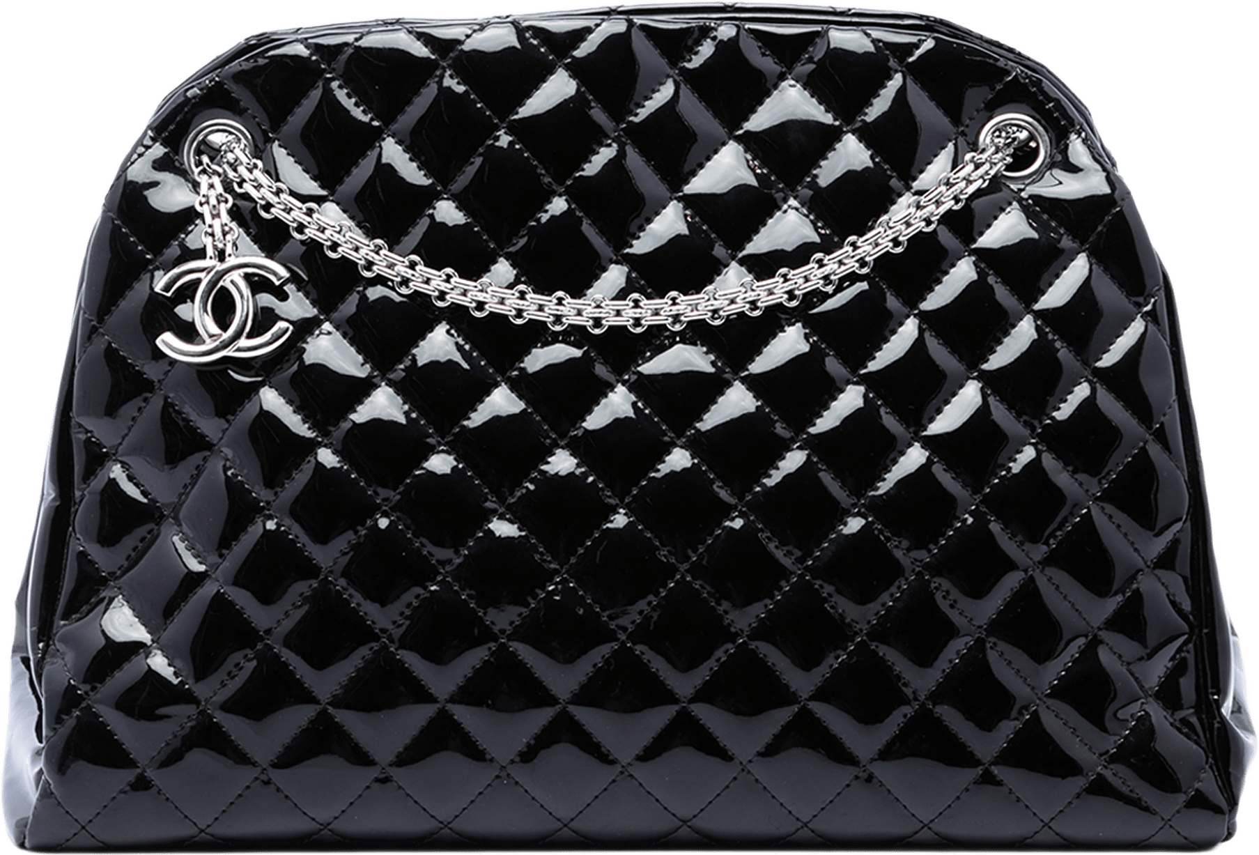 Chanel Large Quilted Patent Just Mademoiselle Bowling Bag, från Luxclusif, i färgen svart.