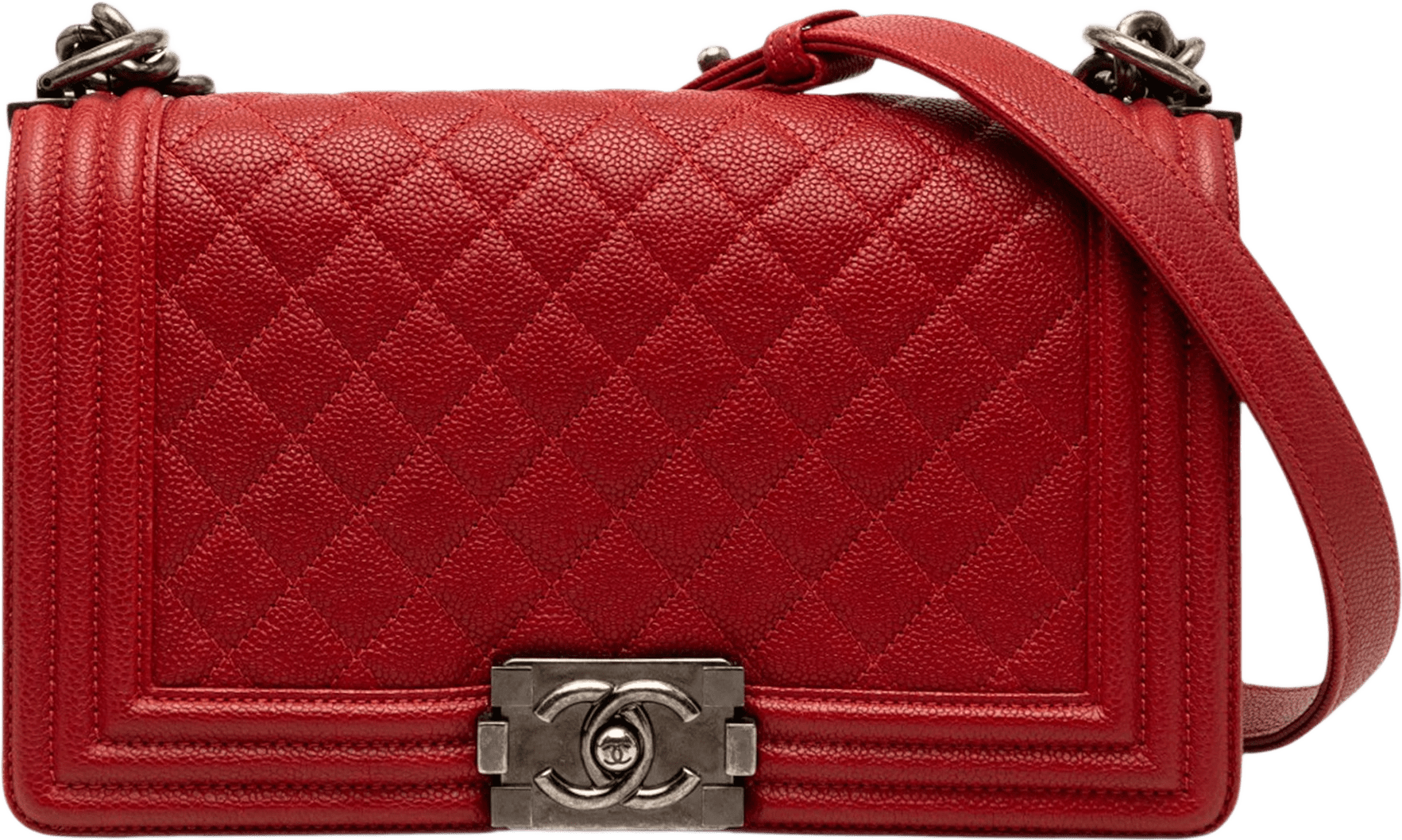 Chanel Old Medium Quilted Caviar Boy Flap, från Luxclusif, i färgen red.