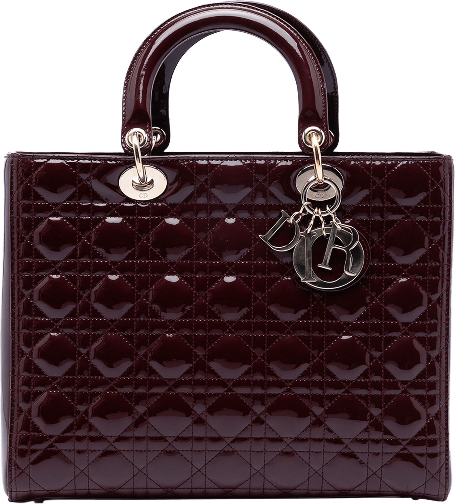 Dior Large Patent Cannage Lady Dior, från Luxclusif, i färgen burgundy.