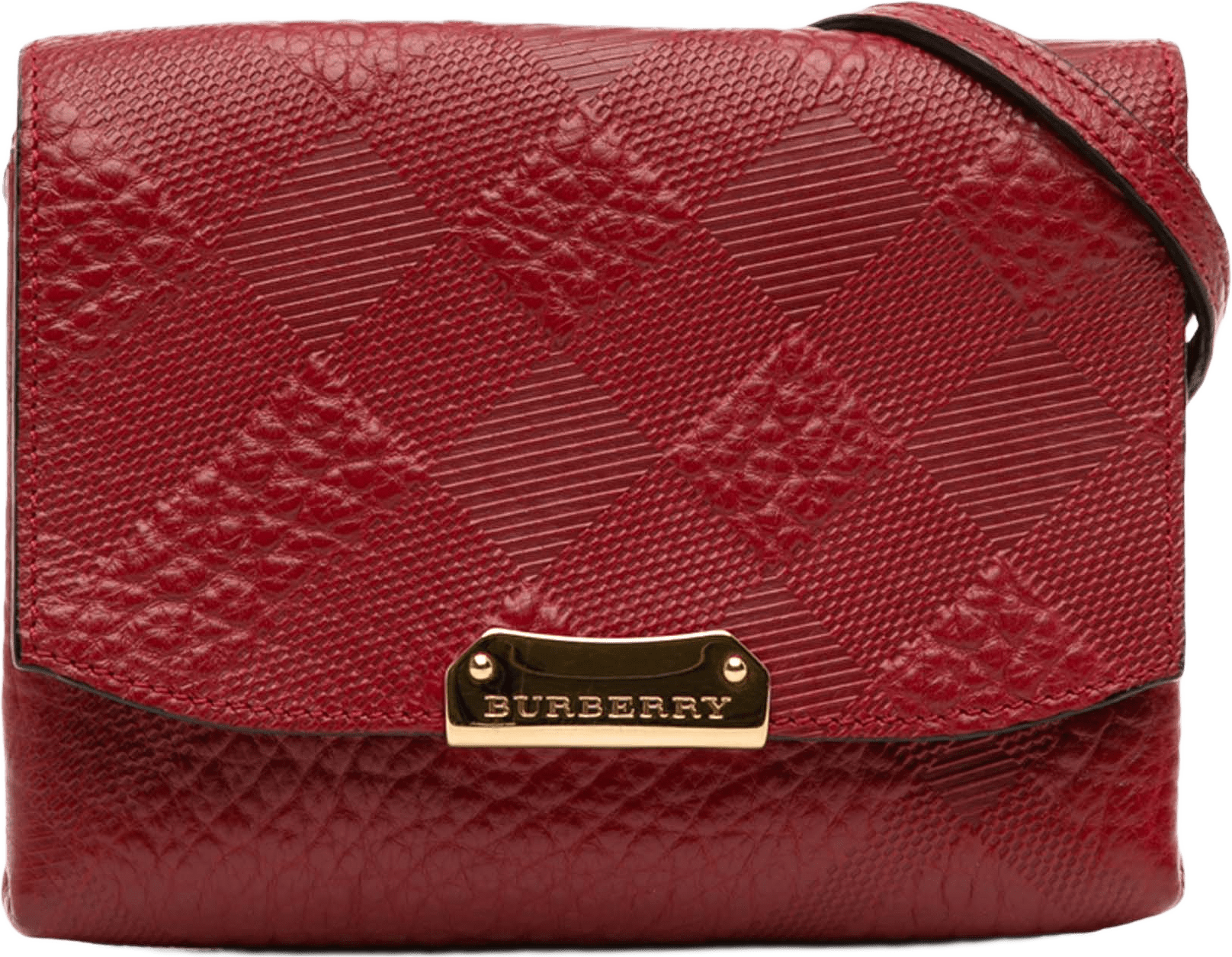 Burberry Embossed Grain Check Leather Langley Crossbody, från Luxclusif, i färgen red.