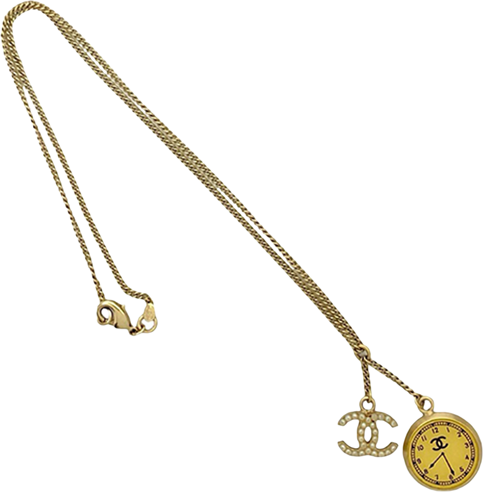 Chanel Cc Gold Plated Faux Pearl Clock Pendant Necklace, från Luxclusif, i färgen gold.