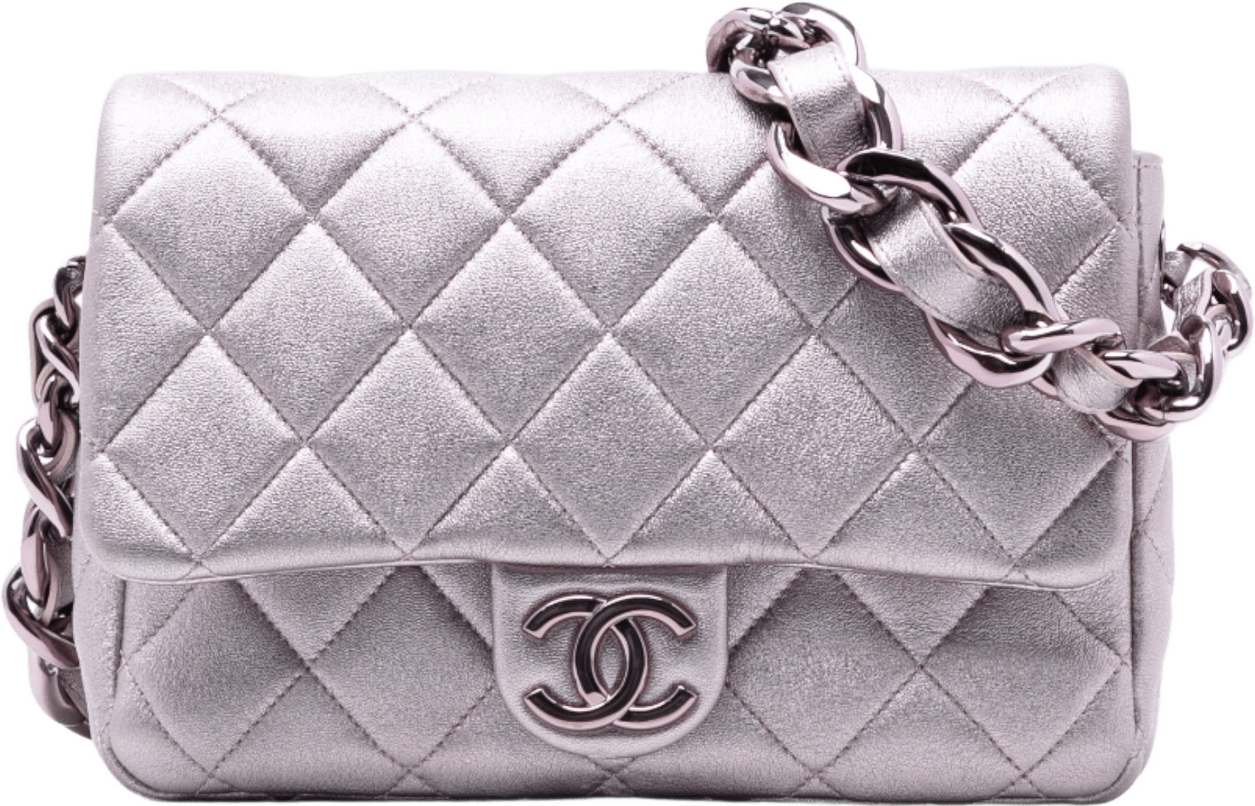 Chanel Cc Quilted Metallic Lambskin Single Flap, från Luxclusif, i färgen light pink.