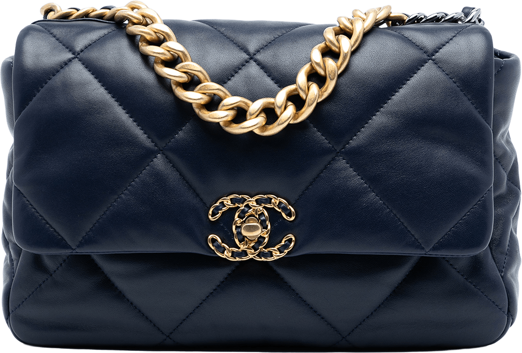 Chanel Large Lambskin 19 Flap, från Luxclusif, i färgen navy.