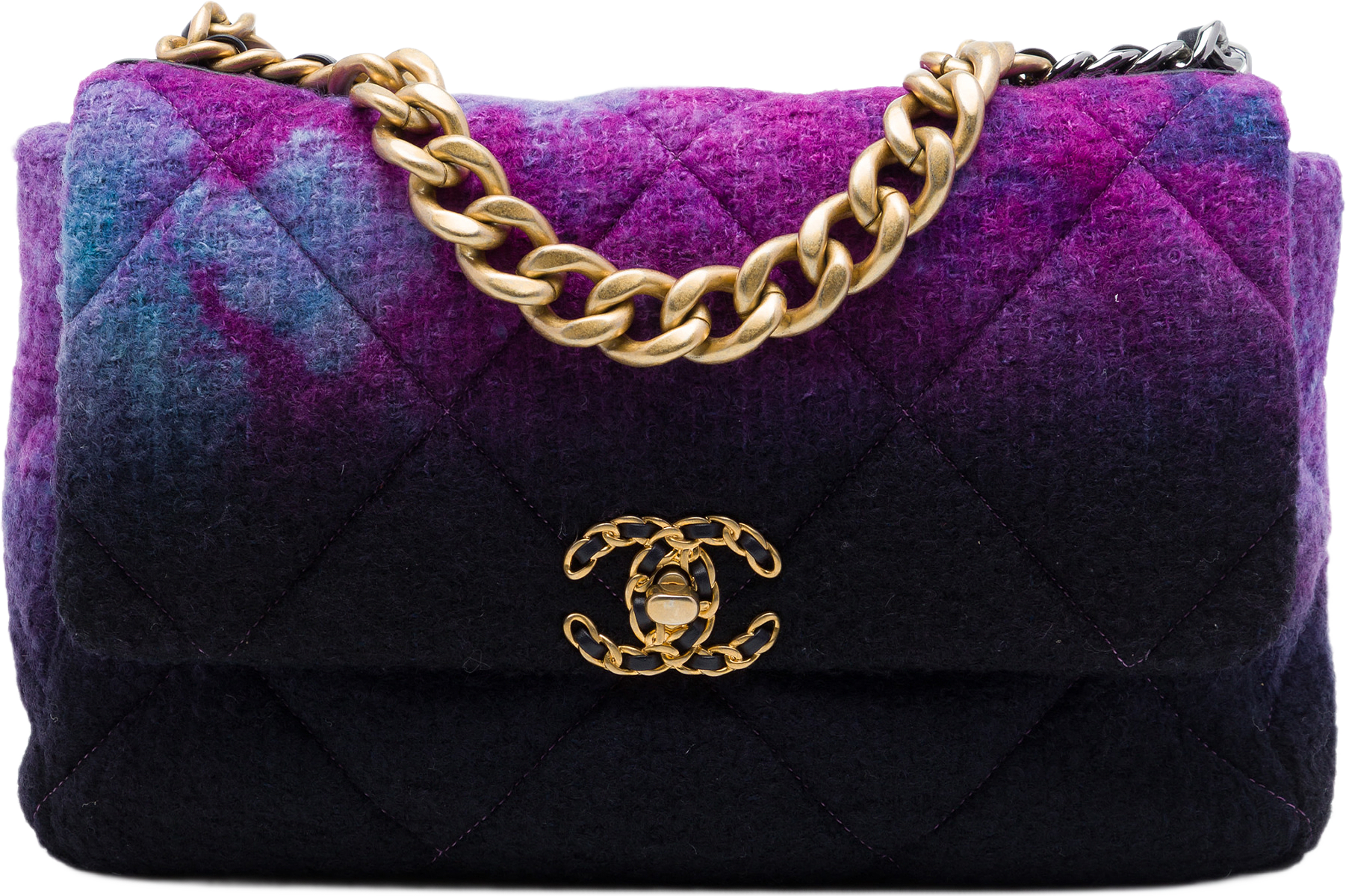 Chanel Large Tweed Ombre 19 Flap, från Luxclusif, i färgen purpur.