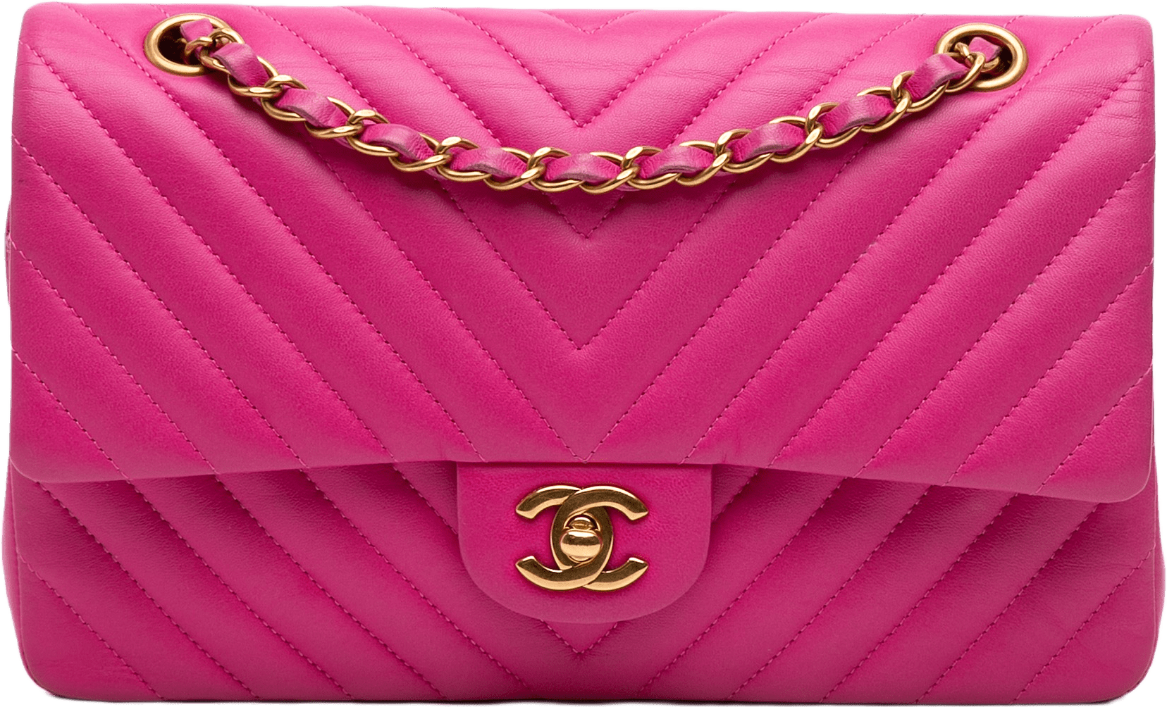 Chanel Medium Classic Chevron Lambskin Double Flap, från Luxclusif, i färgen hot pink.