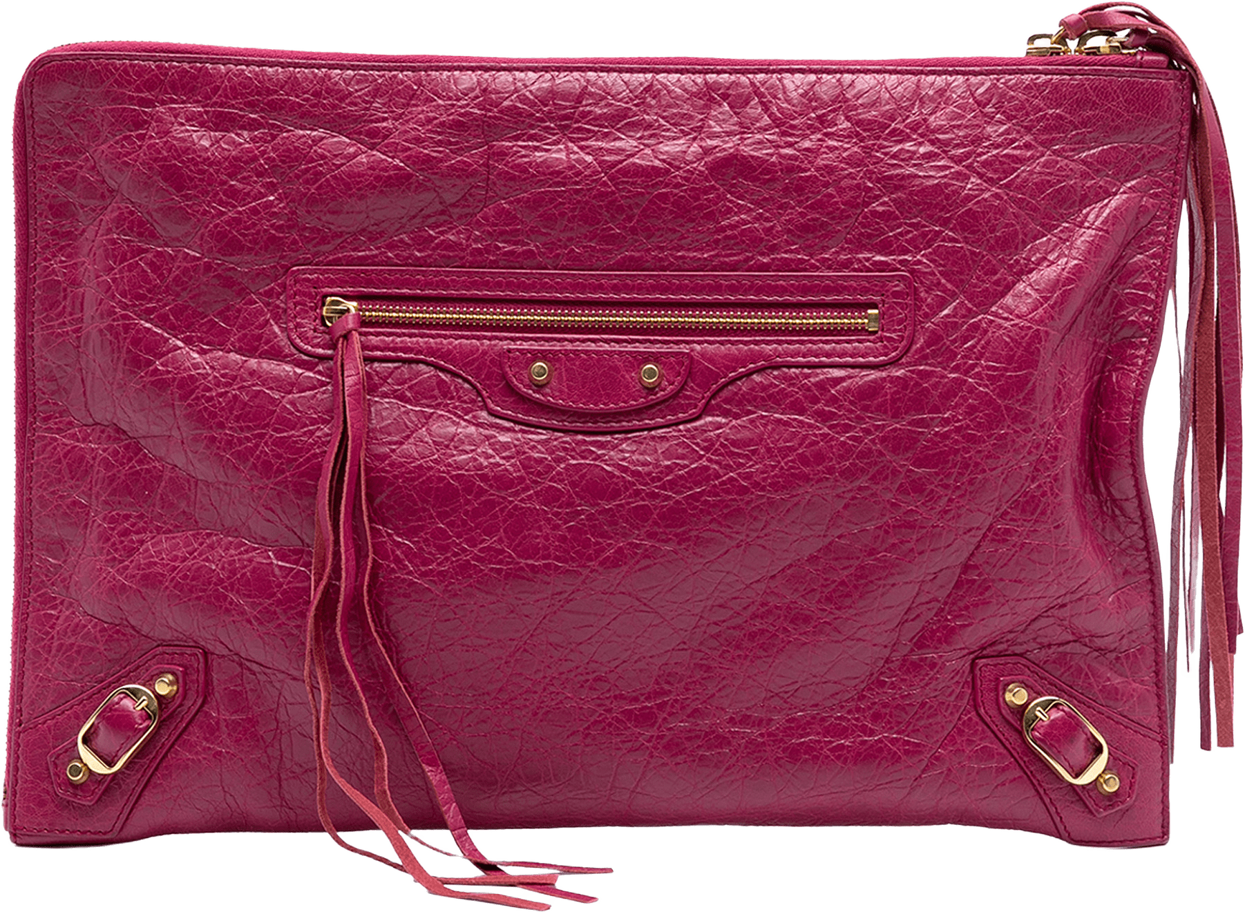 Balenciaga Lambskin Motocross Classic Zip Around Flat Clutch, från Luxclusif, i färgen hot pink.